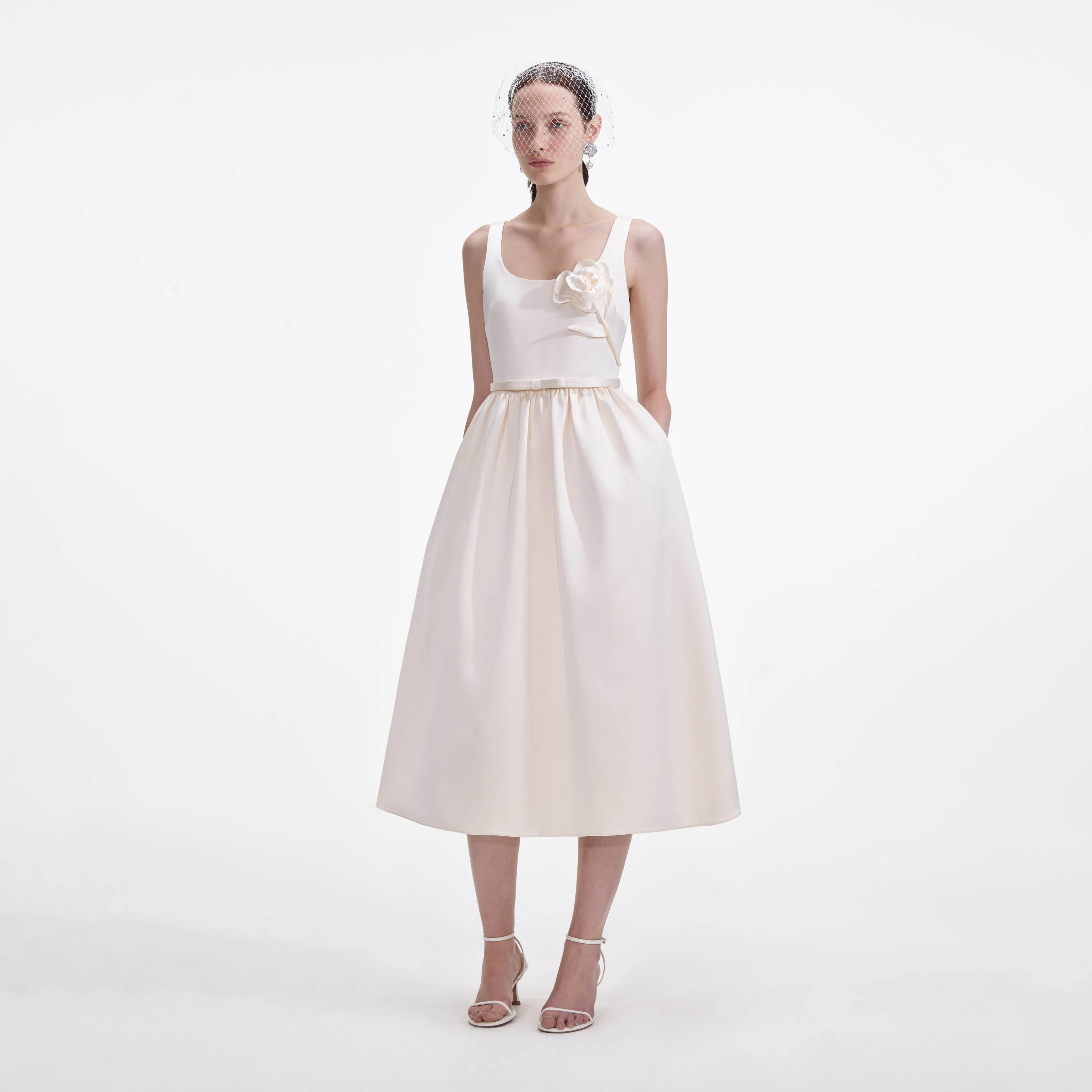 Cream Satin Flower Midi Dress - Image 2