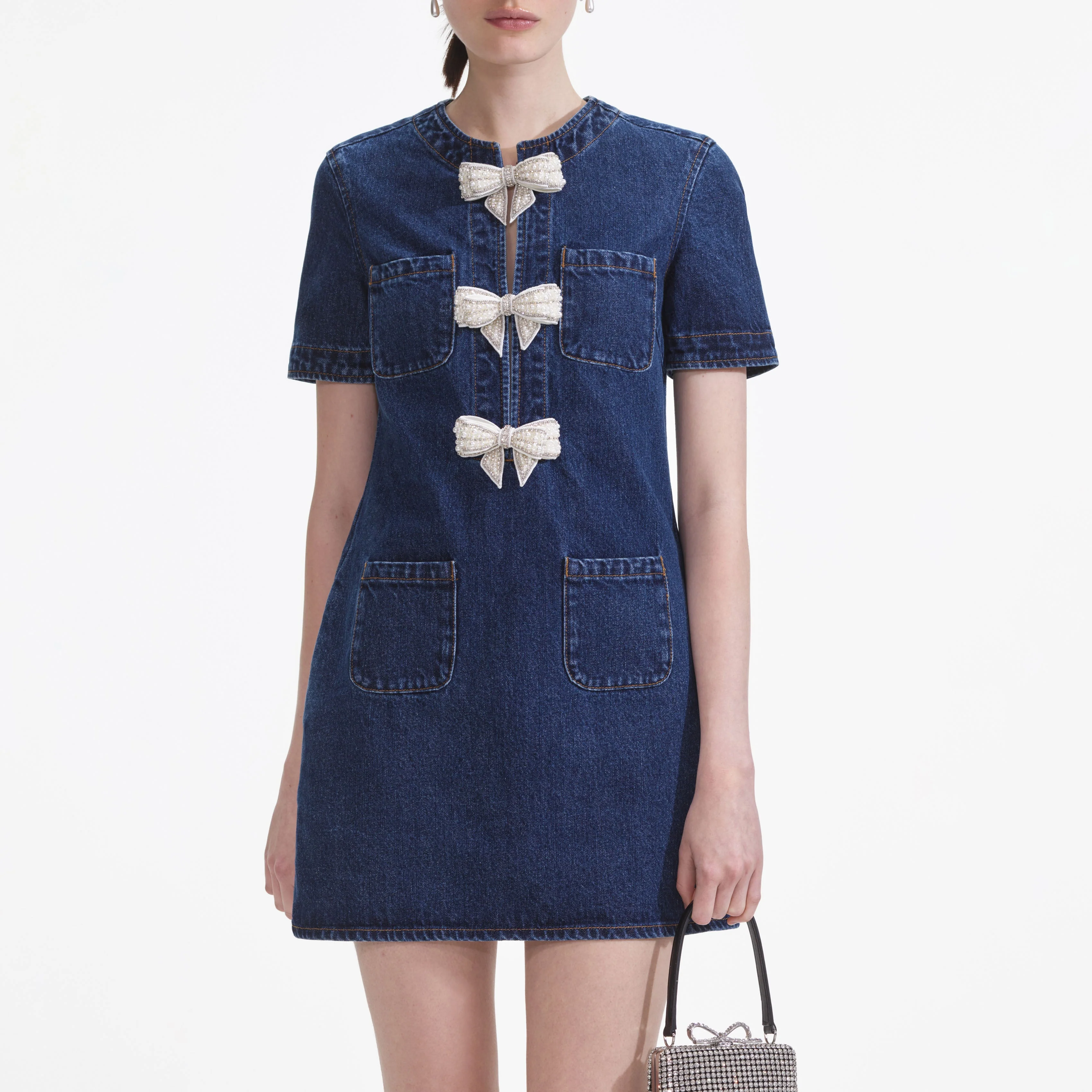 Denim Bow Mini Dress - Image 4