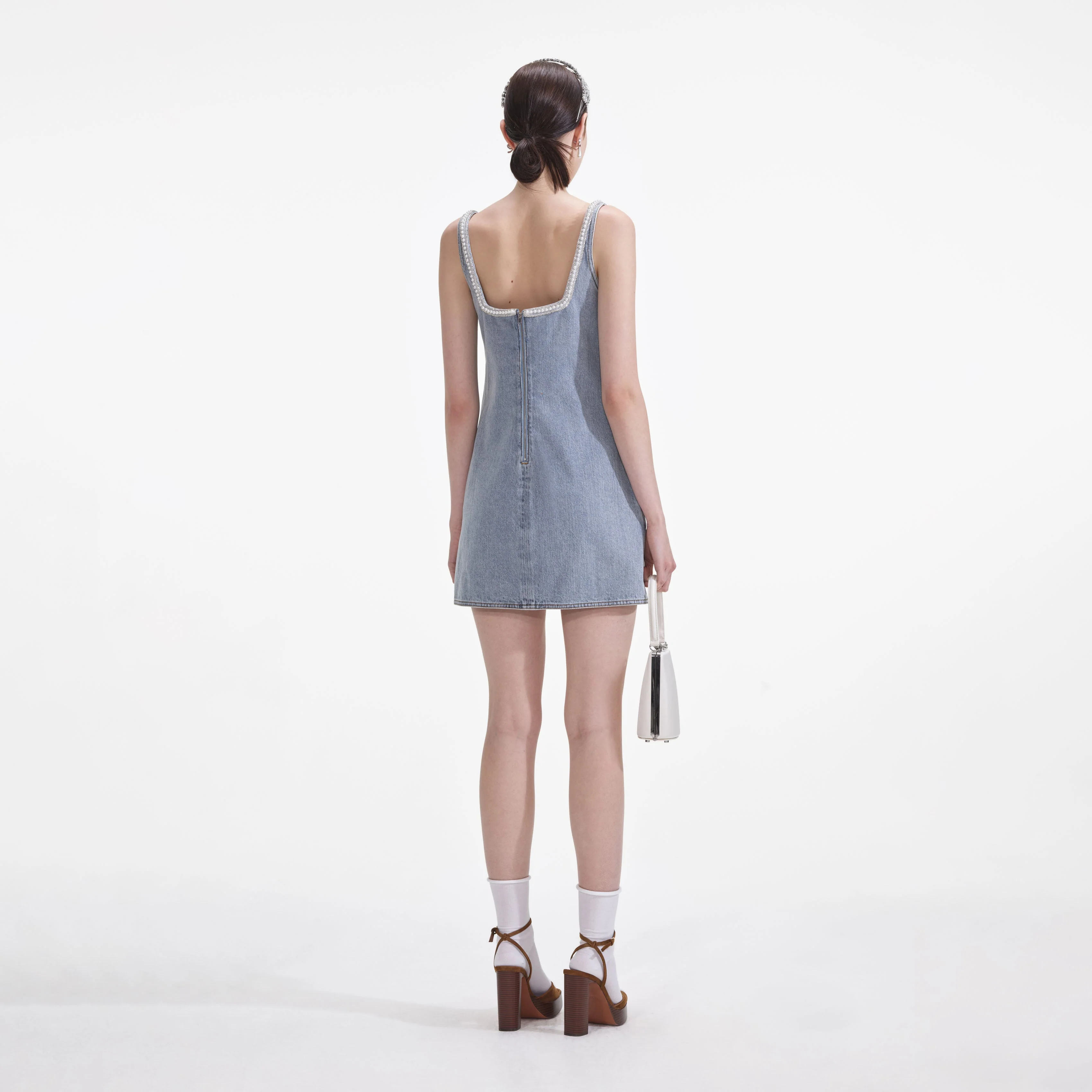 Light Blue Denim Bow Mini Dress - Image 3