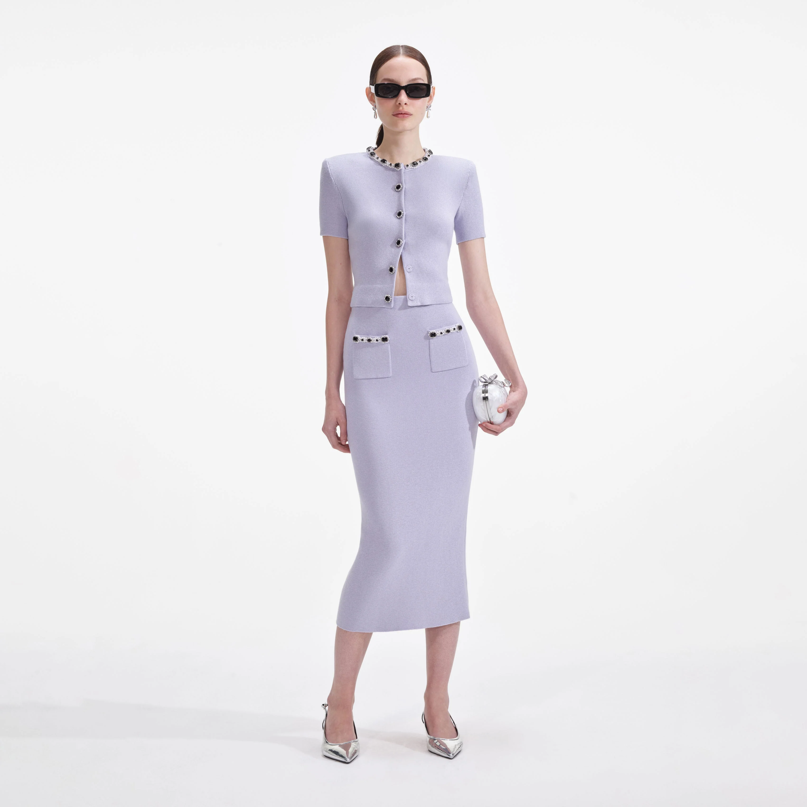 Lilac Embellished Knit Midi Skirt
