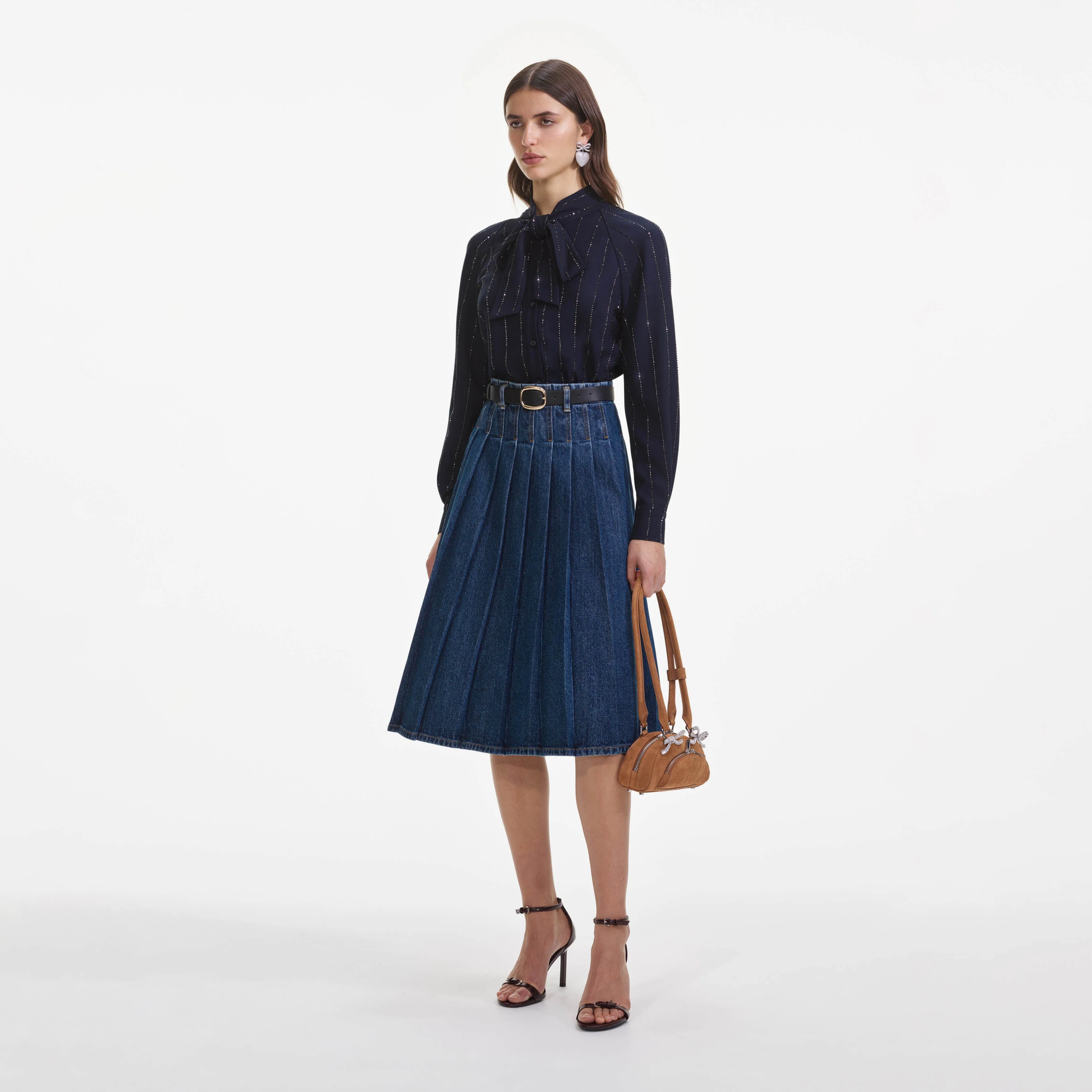 Navy Rhinestone Pinstripe Blouse - Image 2