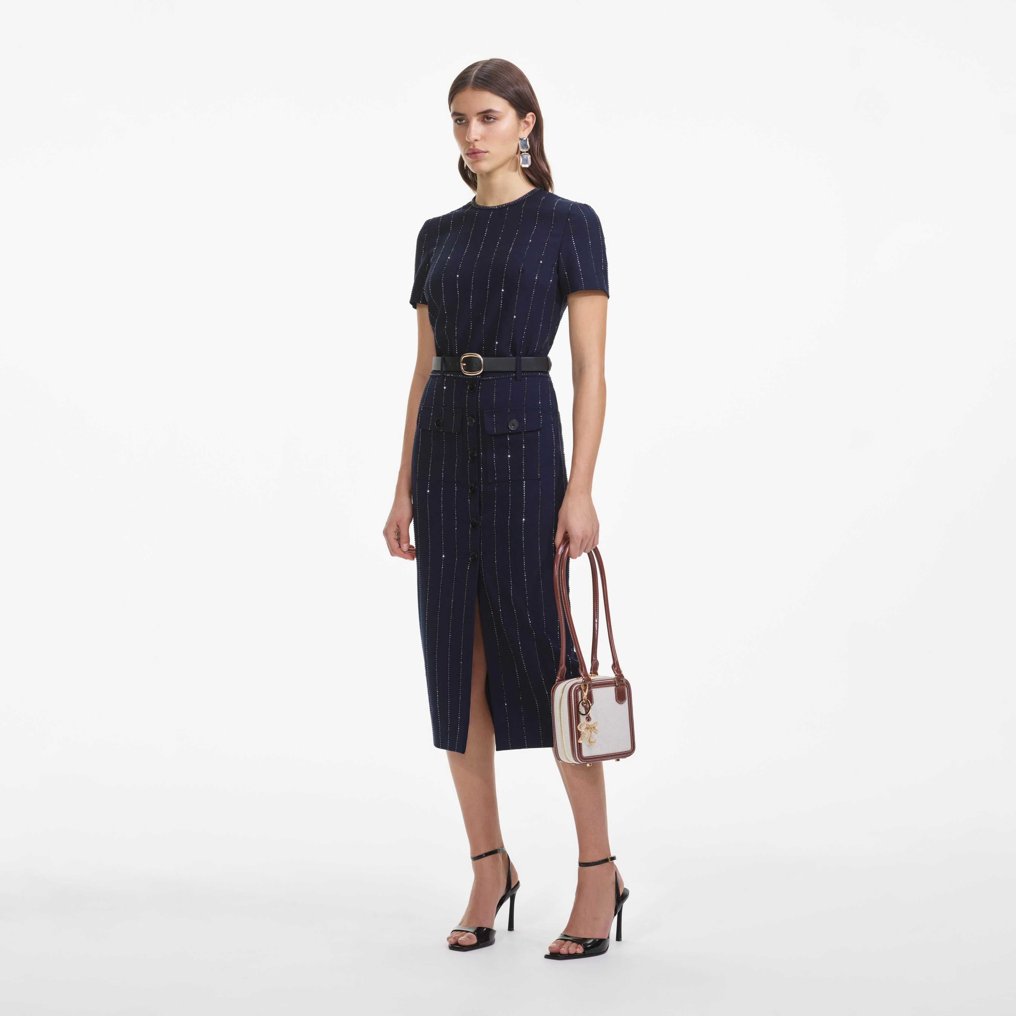 Navy Rhinestone Pinstripe Midi Skirt - Image 2