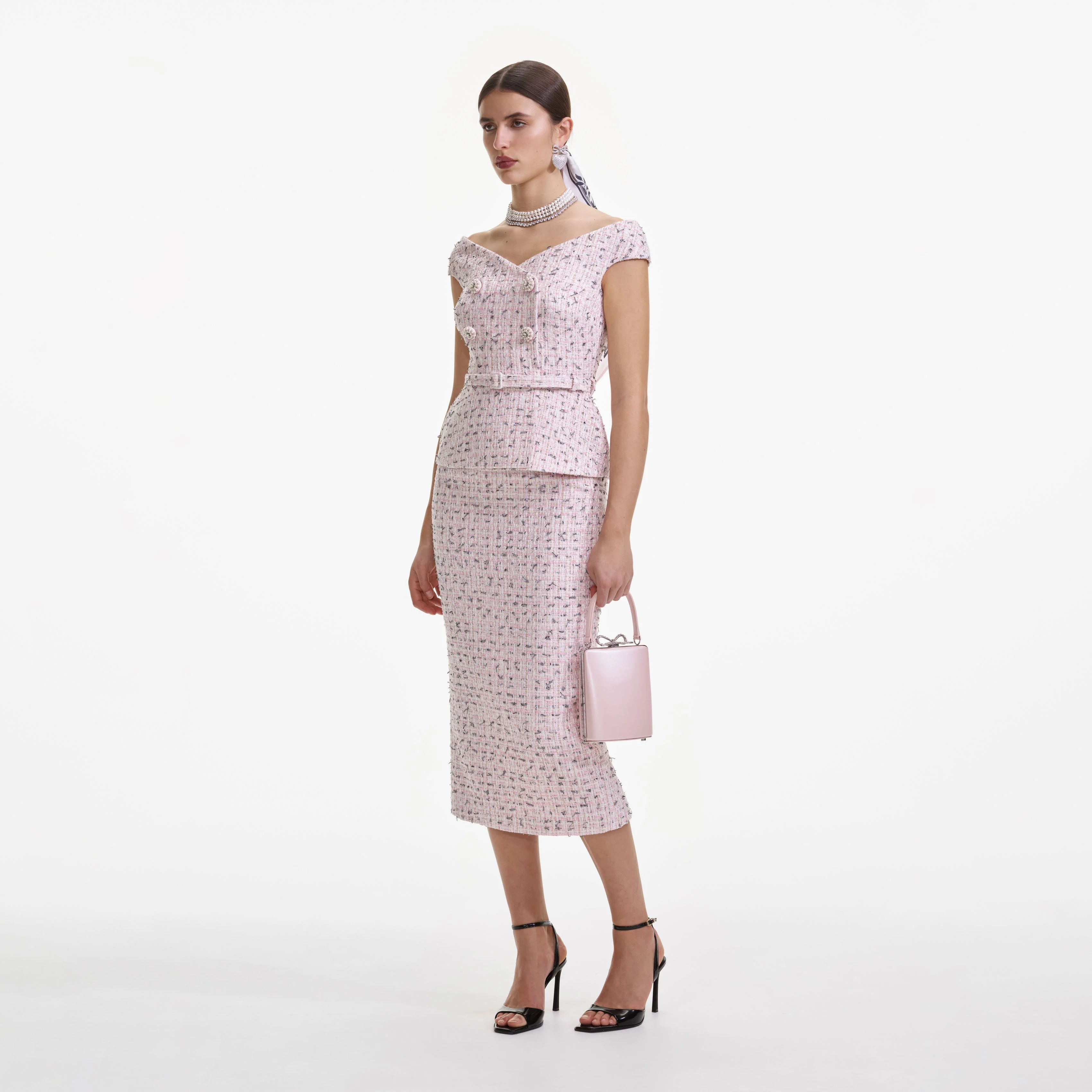 Pink Boucle Pearl Midi Dress - Image 2