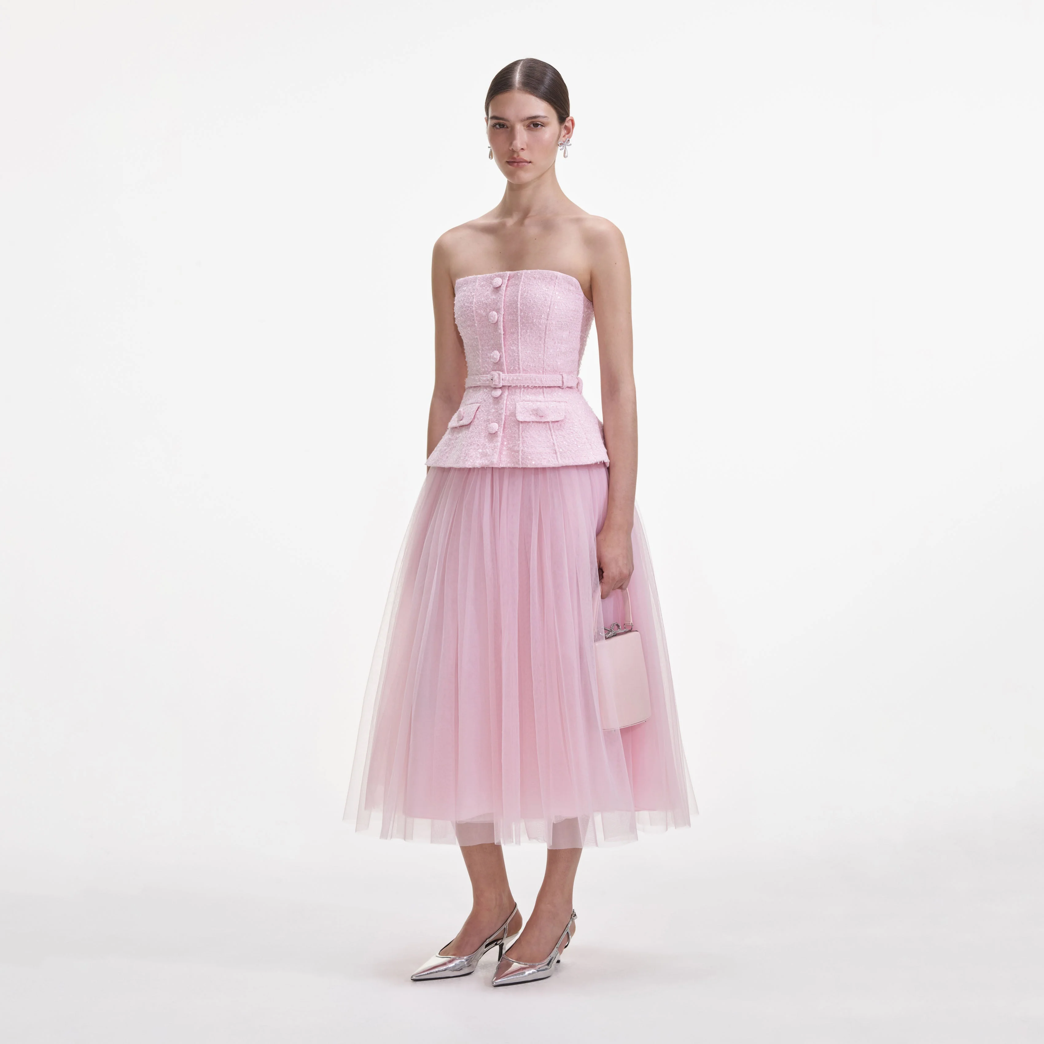 Pink Boucle Tulle Midi Dress - Image 2