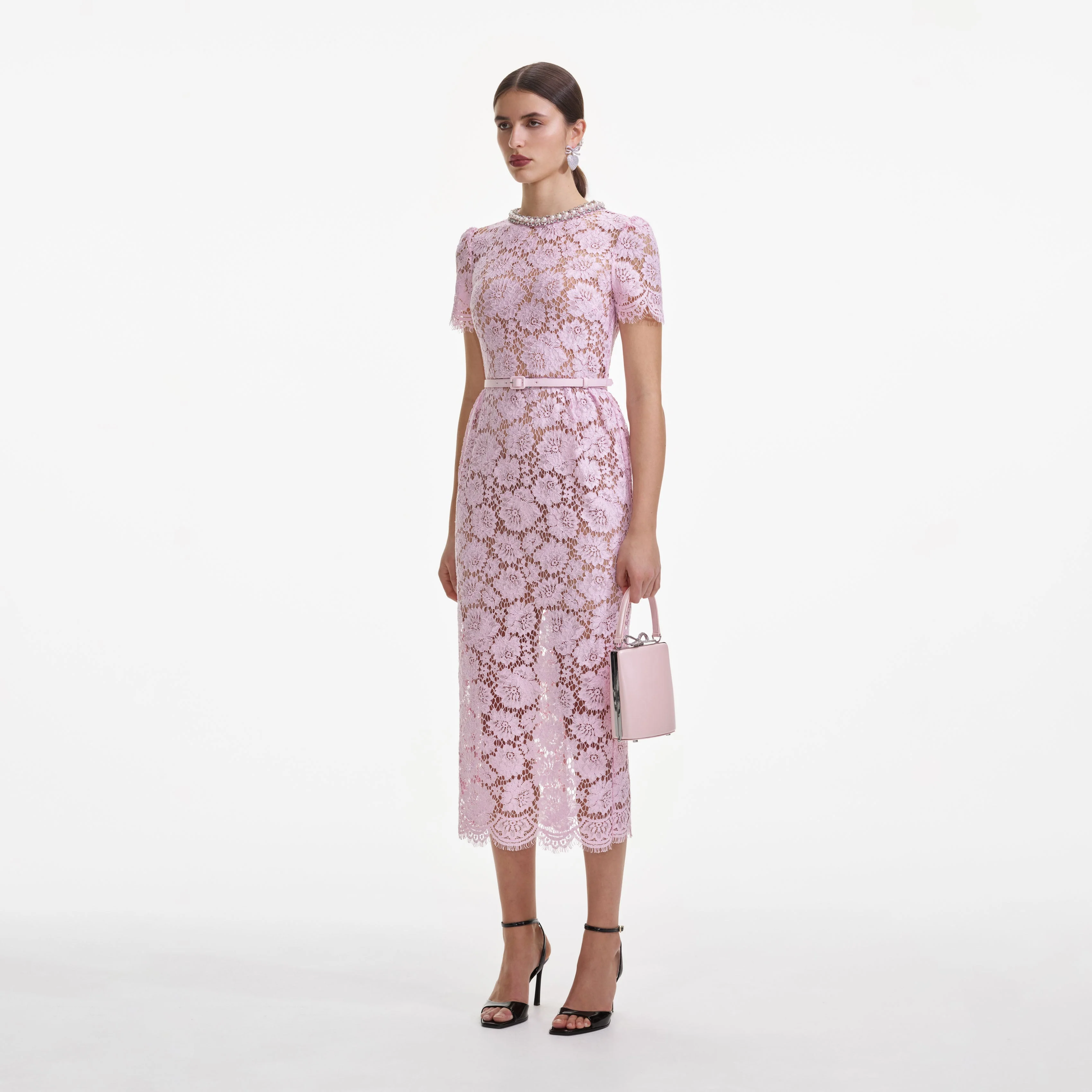 Pink Fine Lace Pearl Midi Dress - Image 2