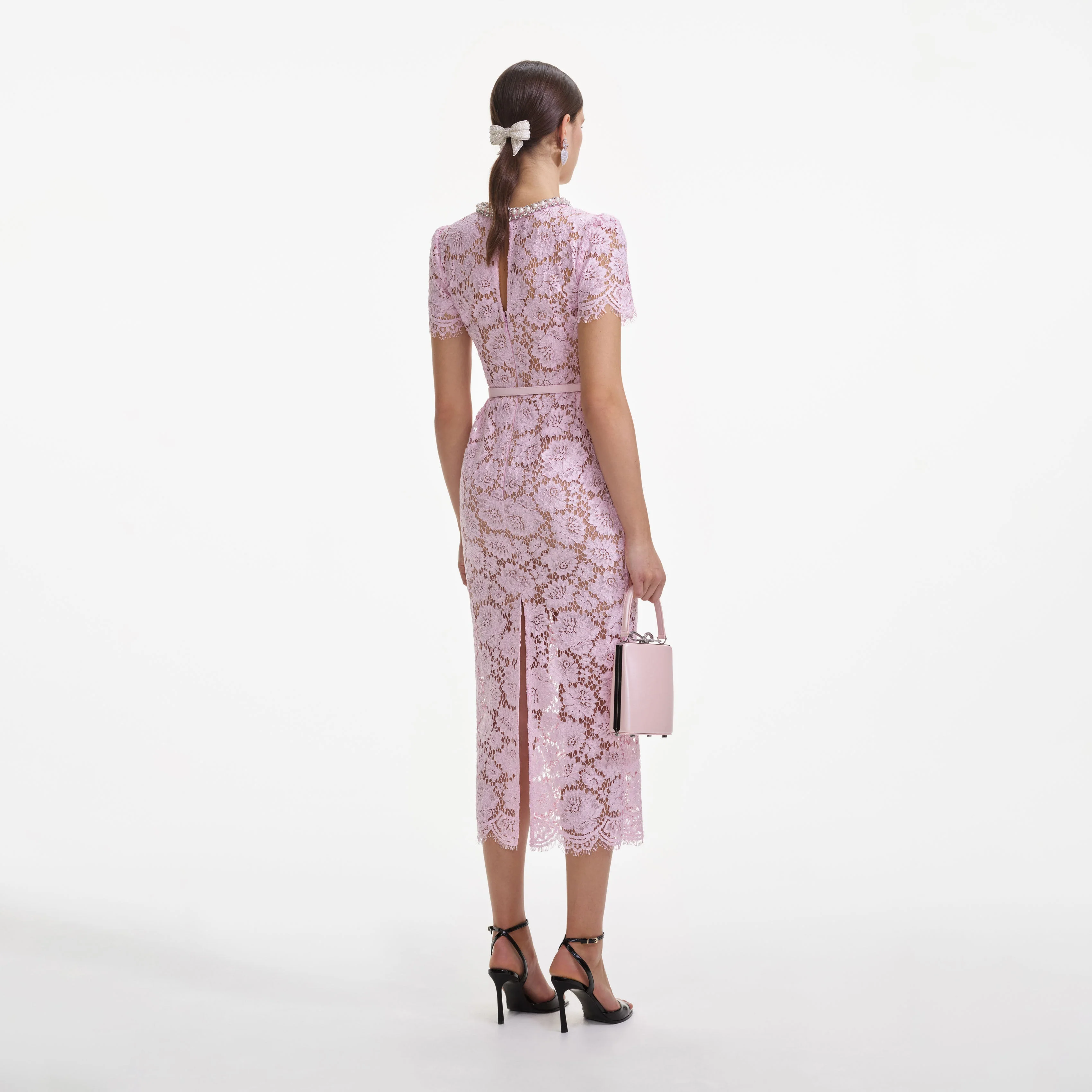 Pink Fine Lace Pearl Midi Dress - Image 3