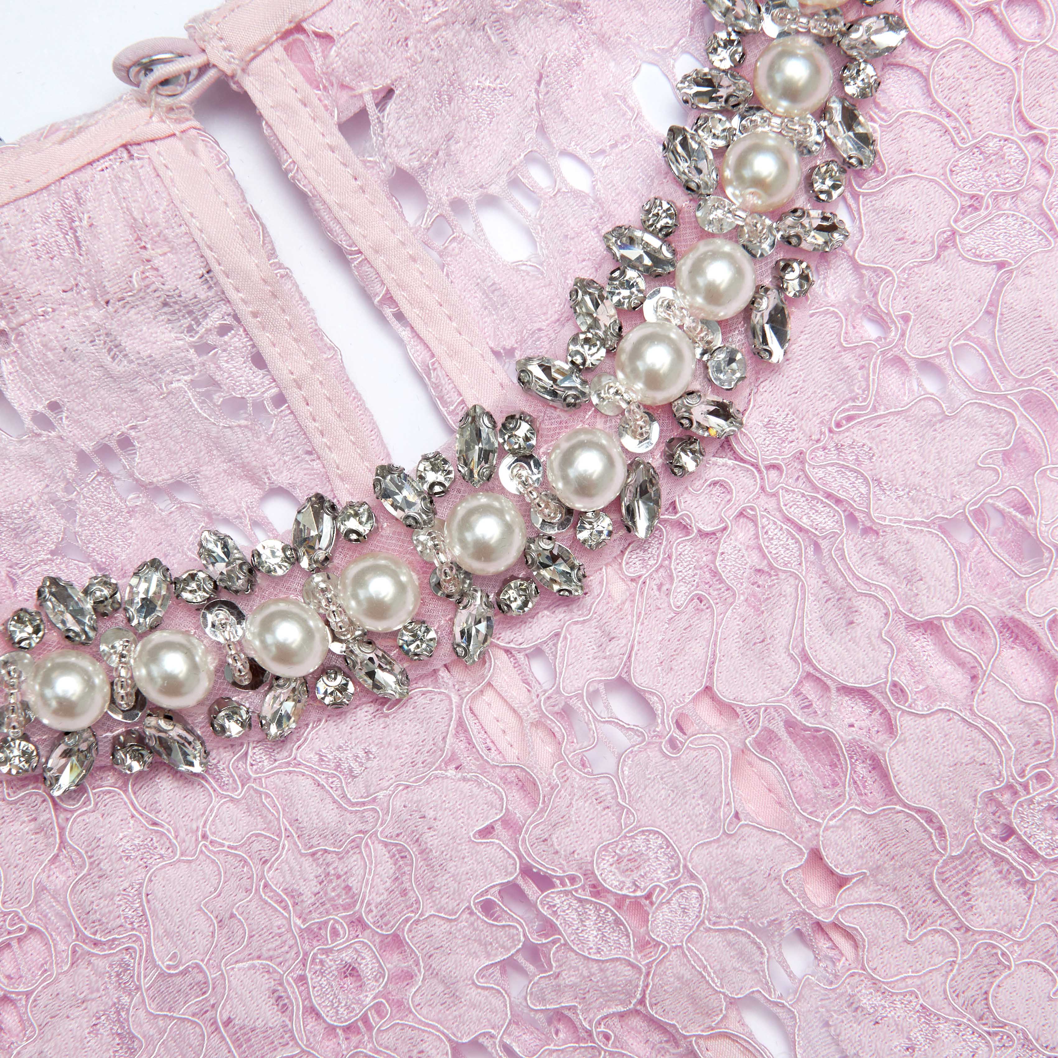 Pink Fine Lace Pearl Midi Dress - Image 5