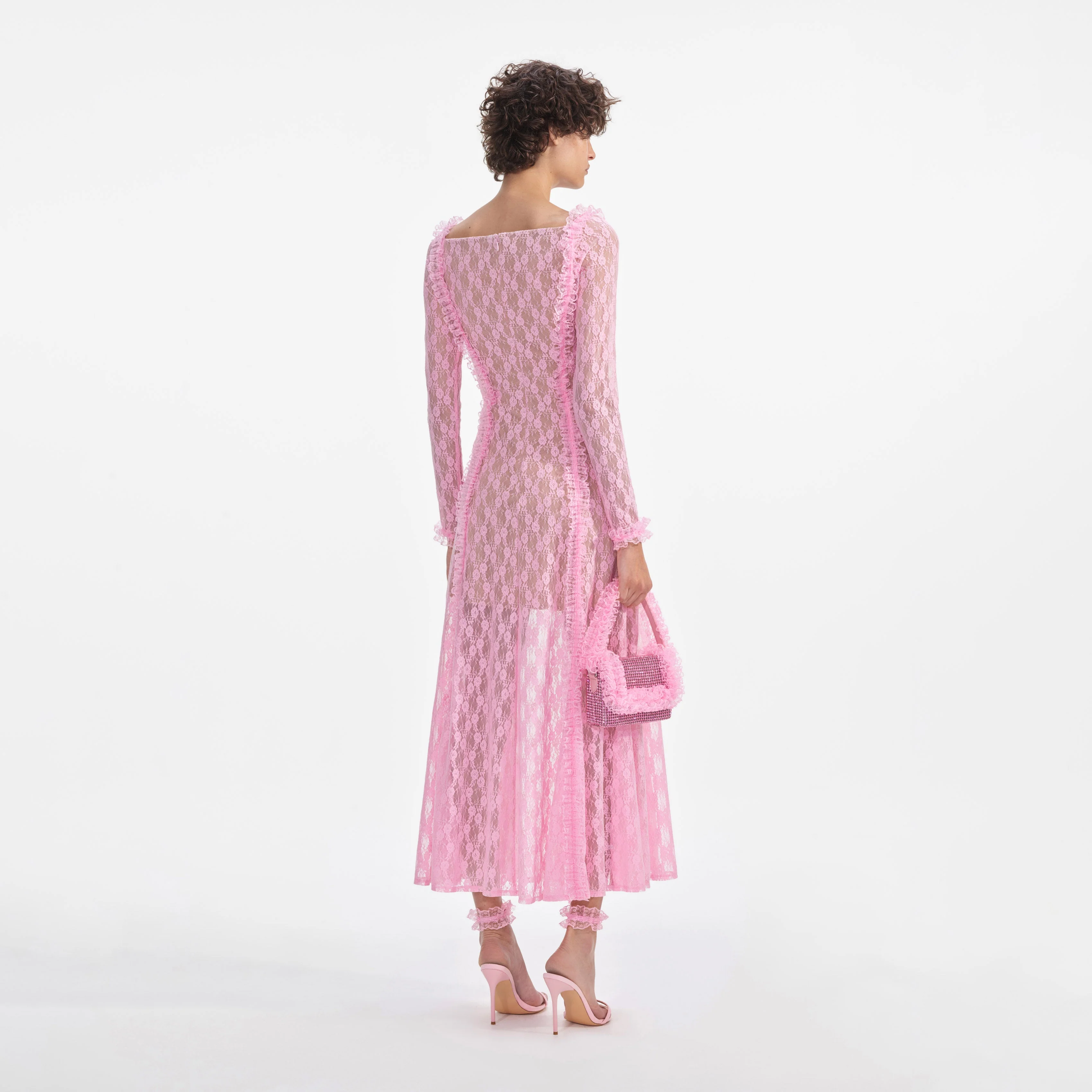 Pink Lace Ruffle Midi Dress - Image 3