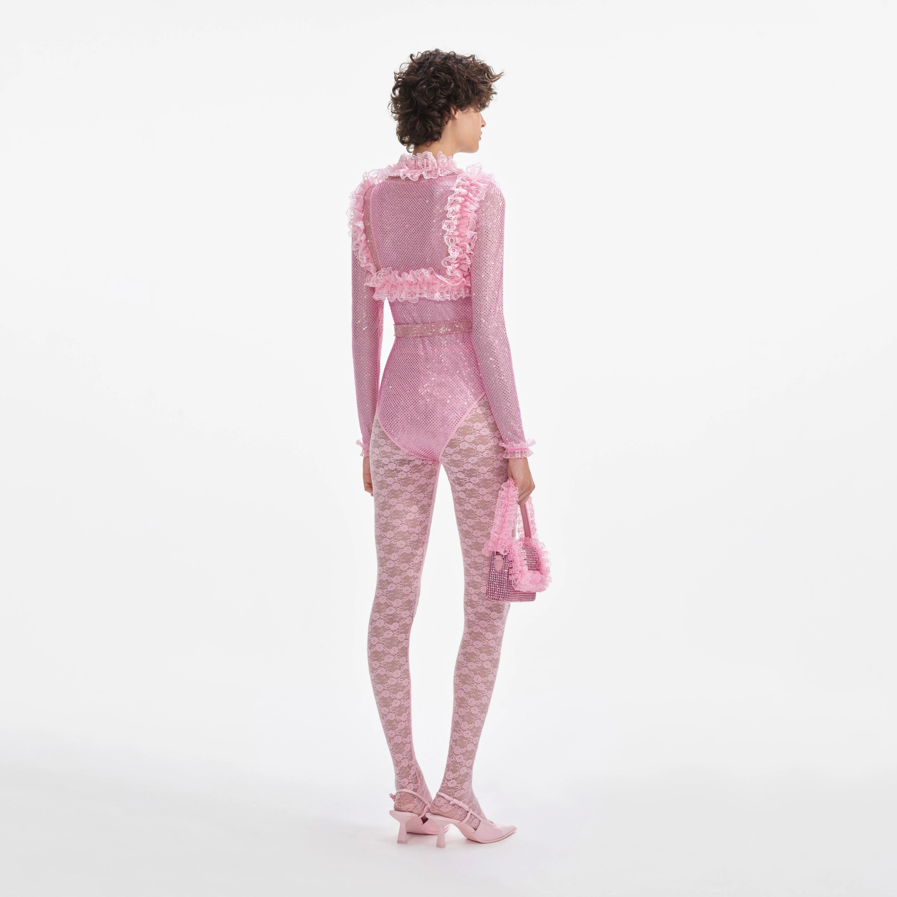 Pink Rhinestone Mesh Ruffle Bodysuit - Image 3