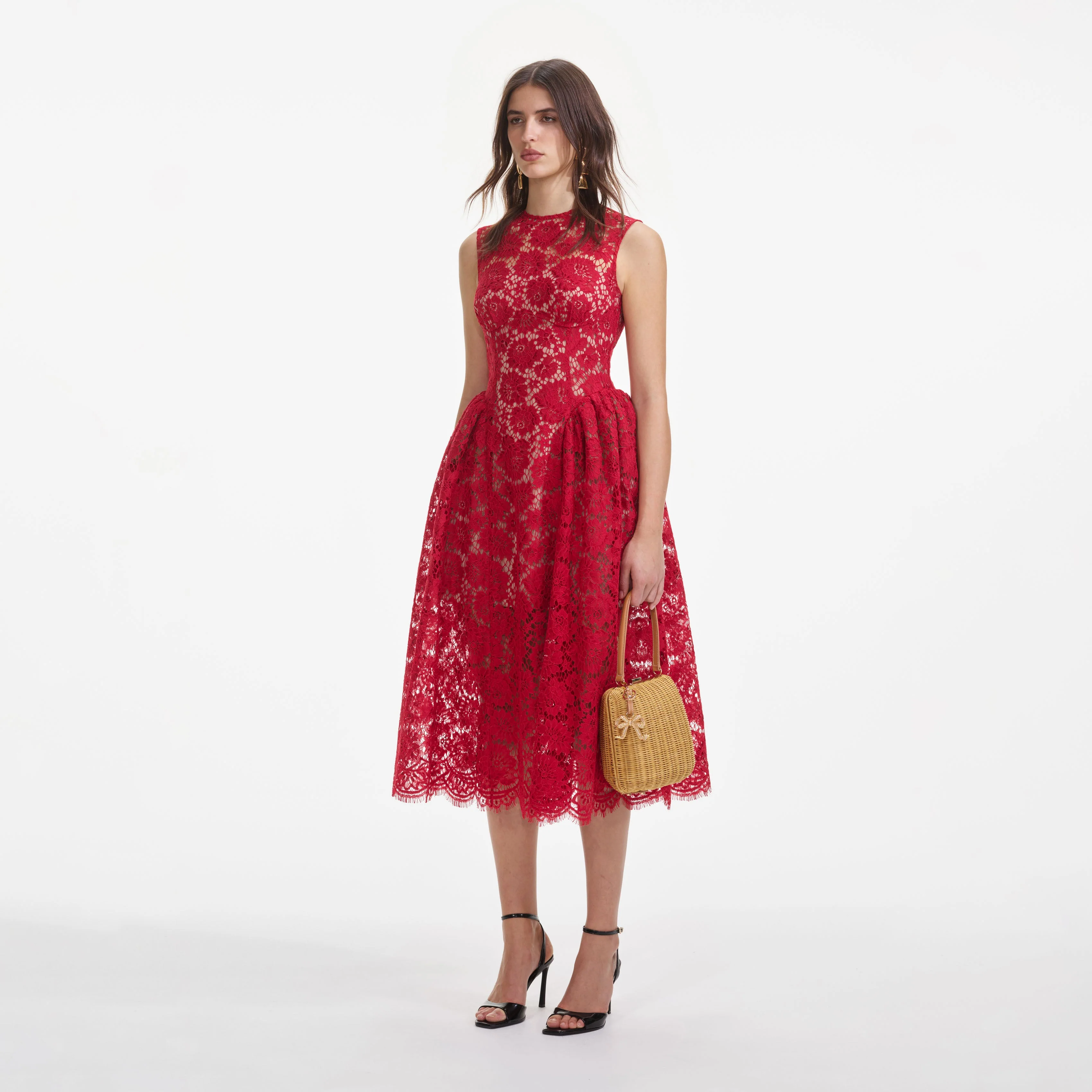 Red Fine Lace Midi Dress - Image 2