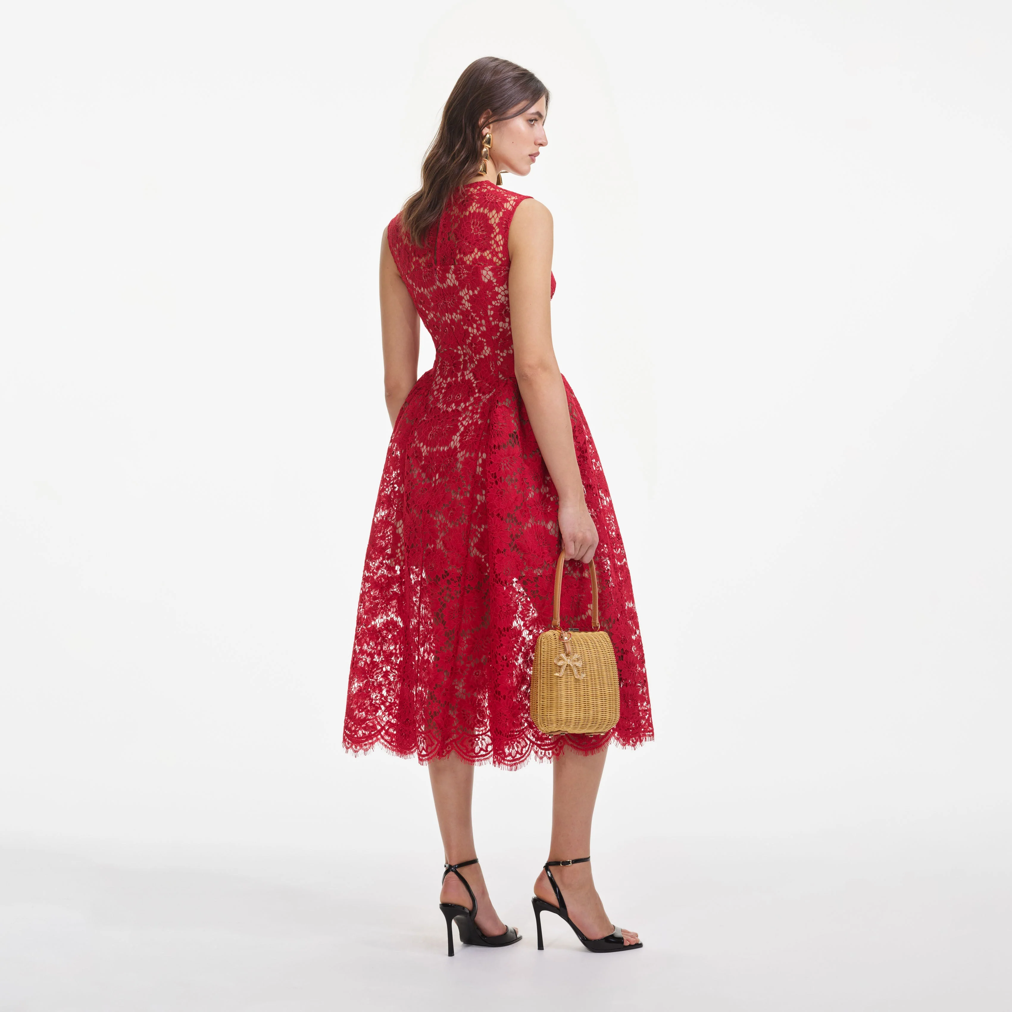 Red Fine Lace Midi Dress - Image 3