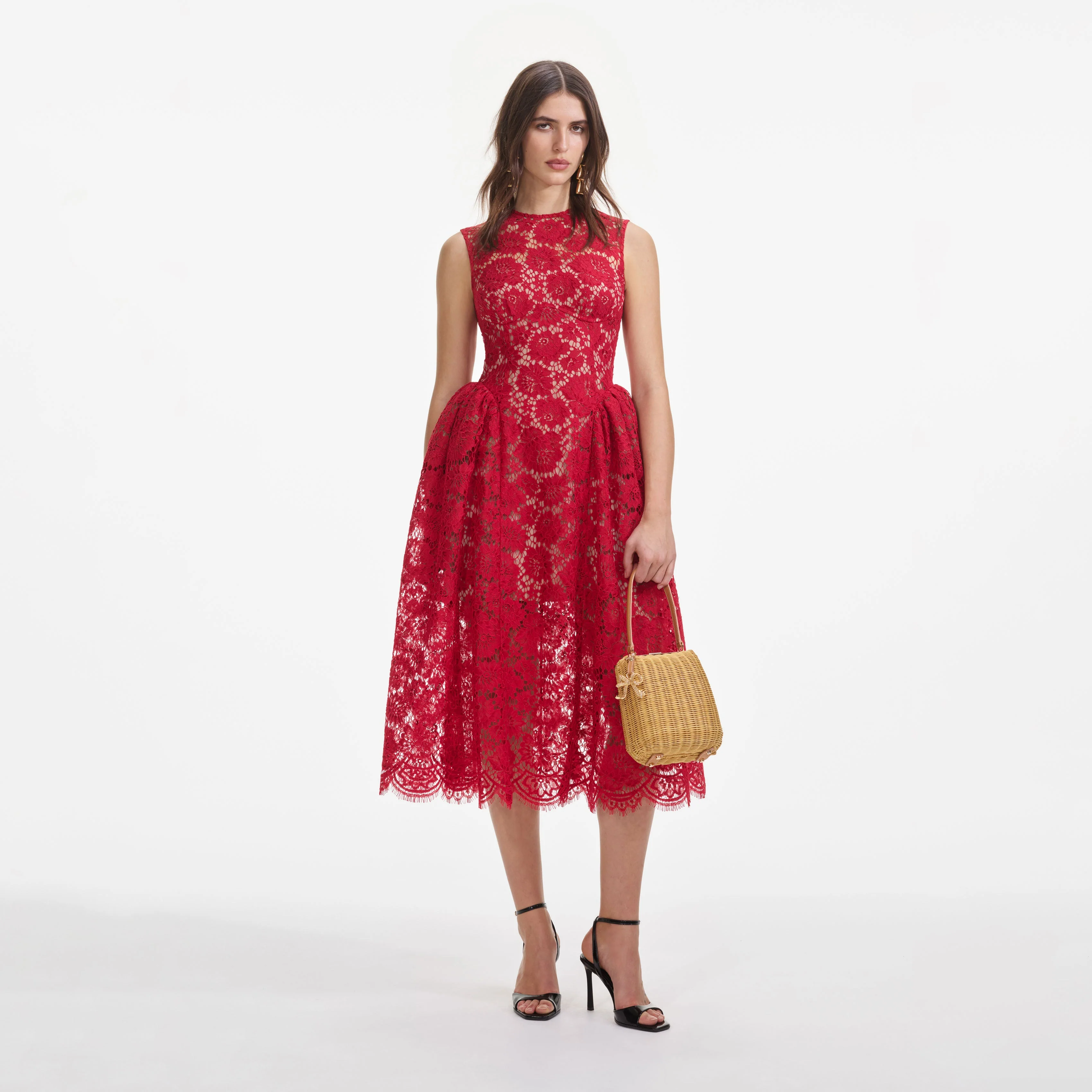 Red Fine Lace Midi Dress - Image 4