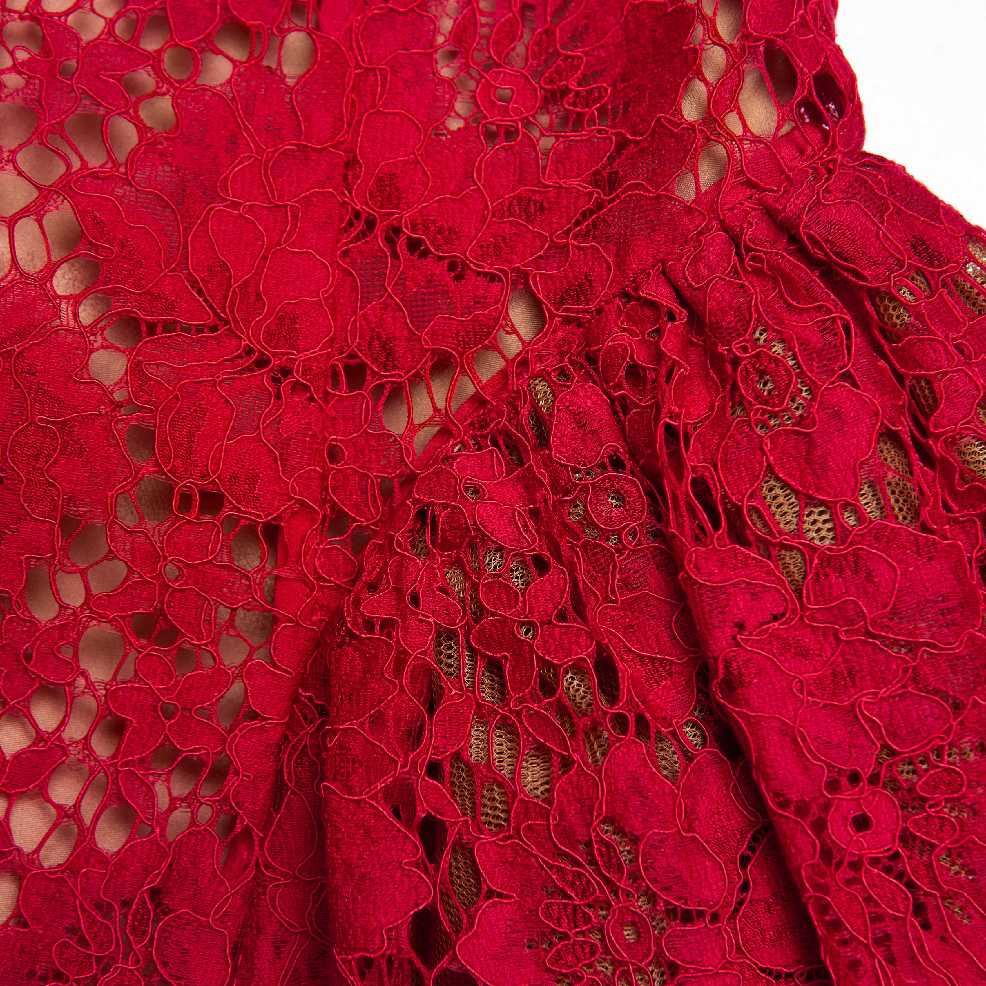 Red Fine Lace Flared Mini Dress - Image 5
