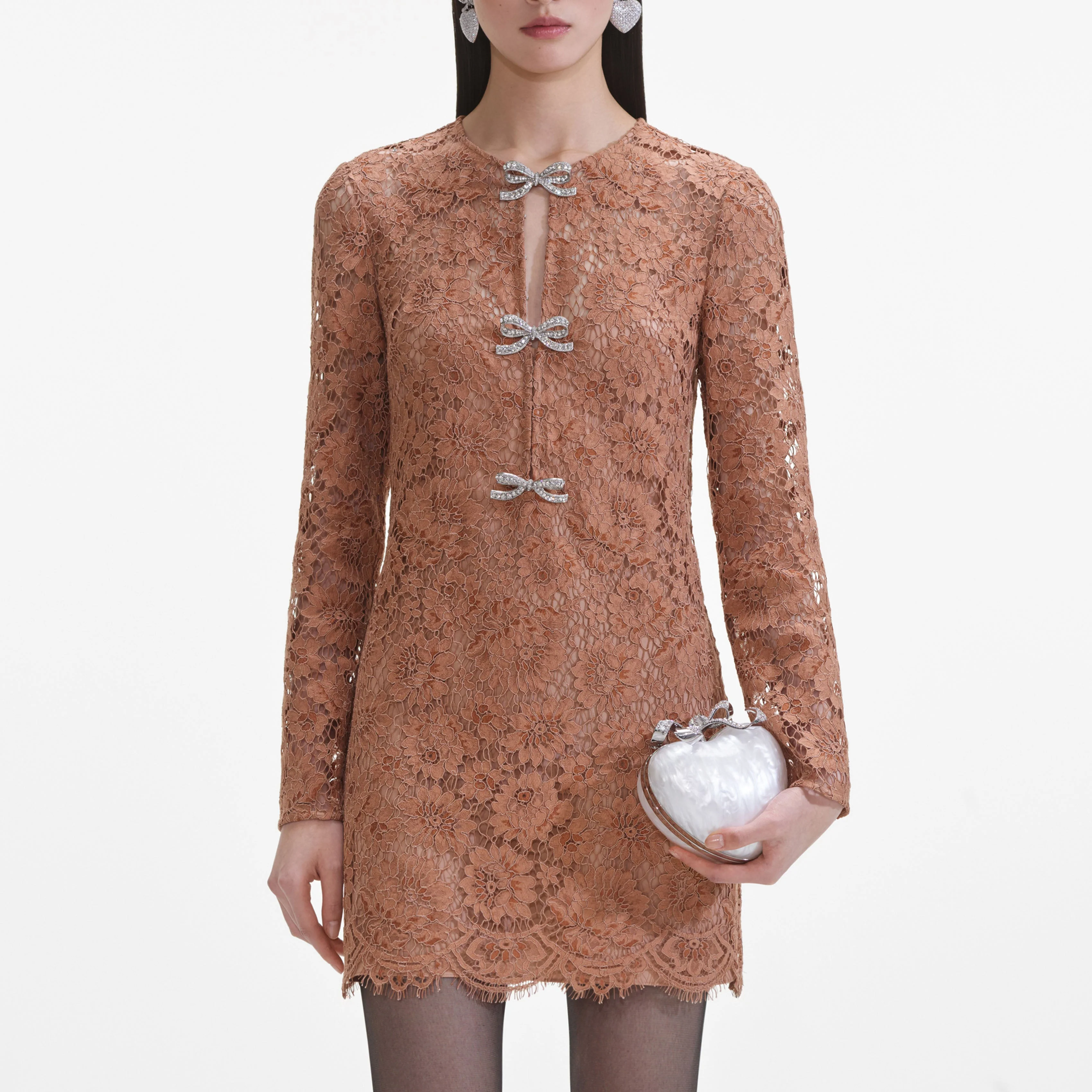 Tan Lace Bow Mini Dress - Image 4