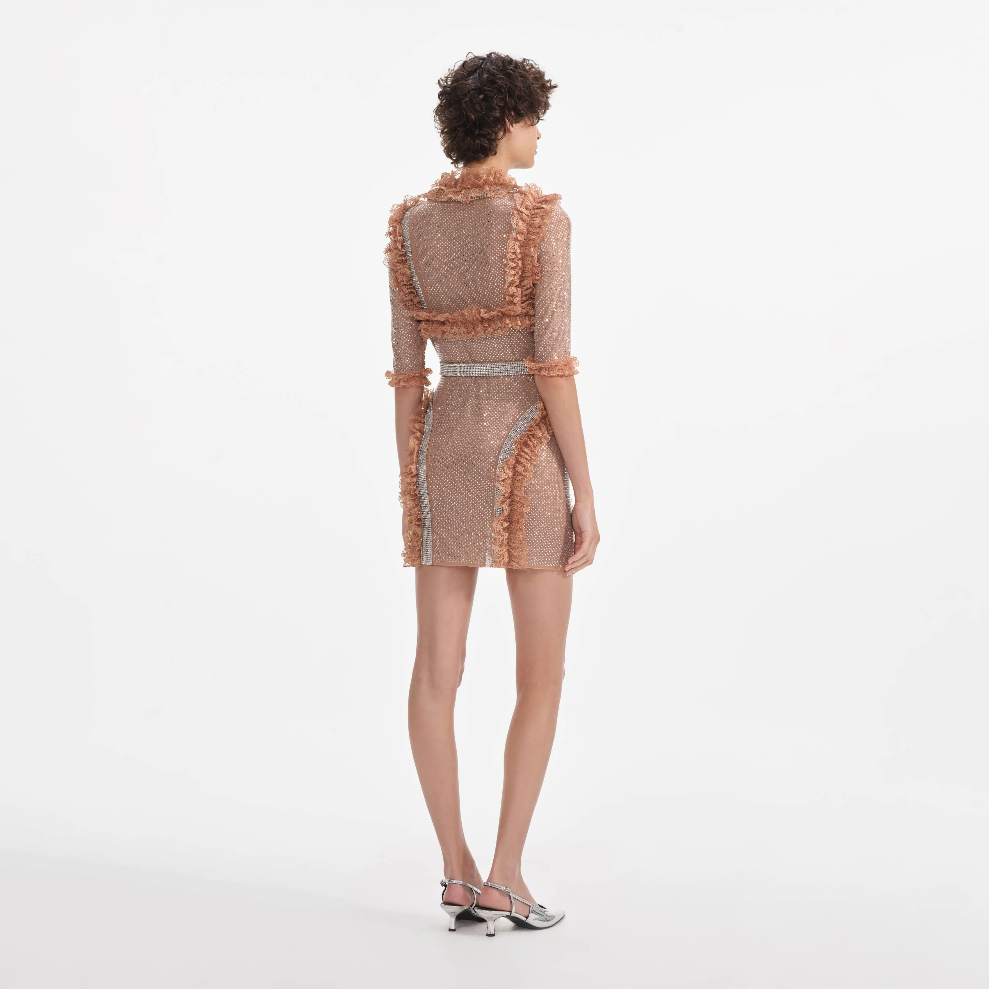 Tan Rhinestone Mesh Ruffle Mini Dress - Image 3