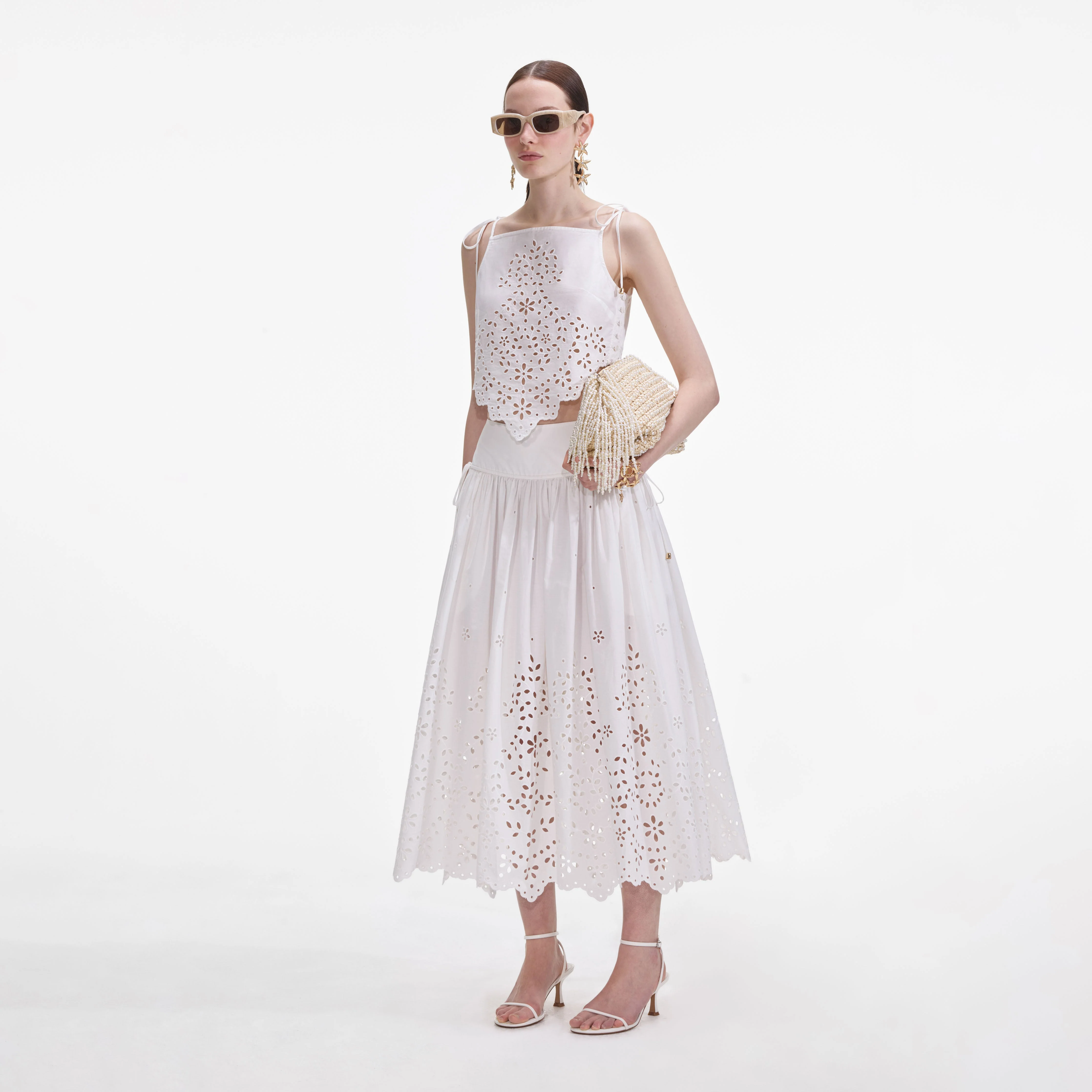 White Cotton Embroidered Midi Skirt - Image 2