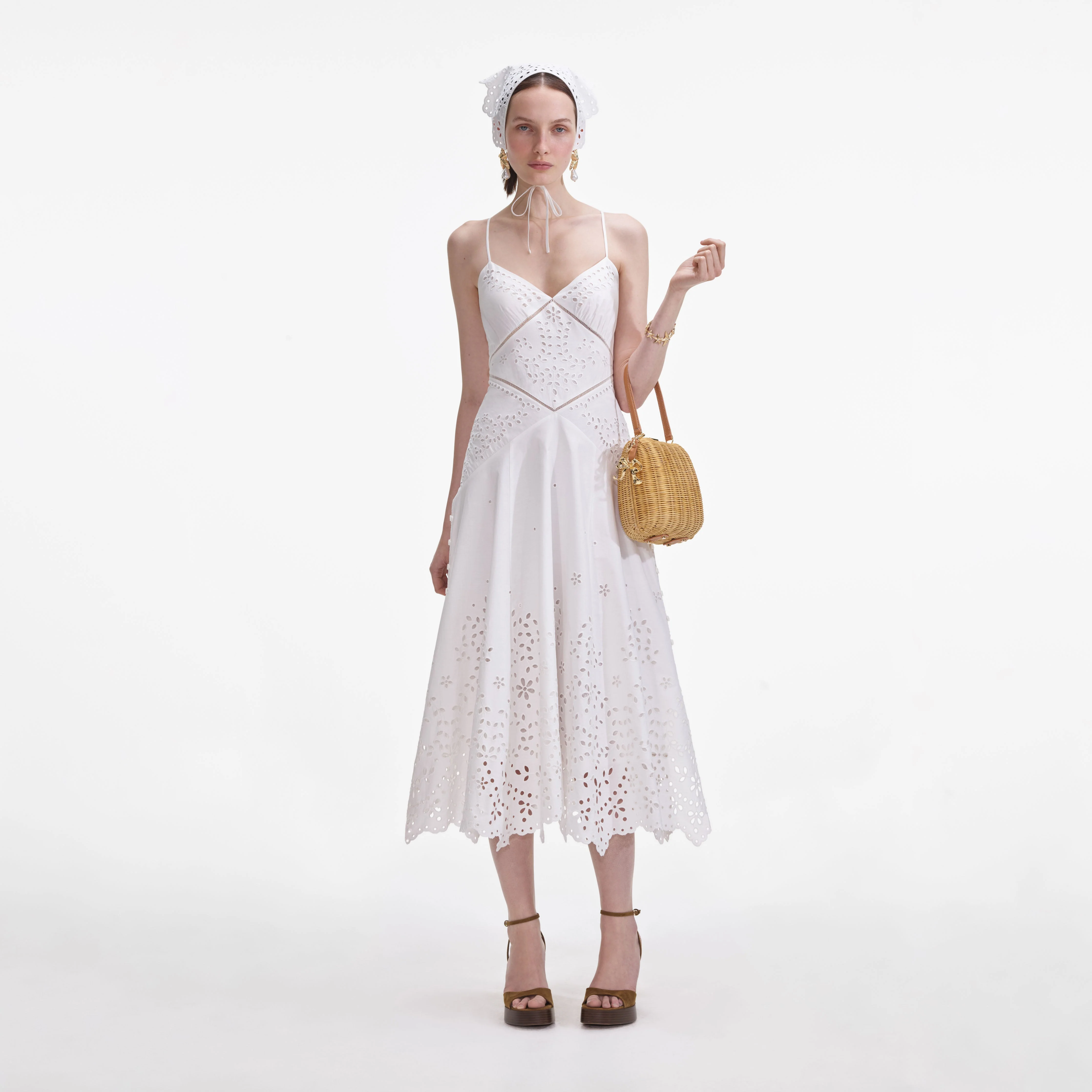 White Cotton Embroidered Strappy Midi Dress