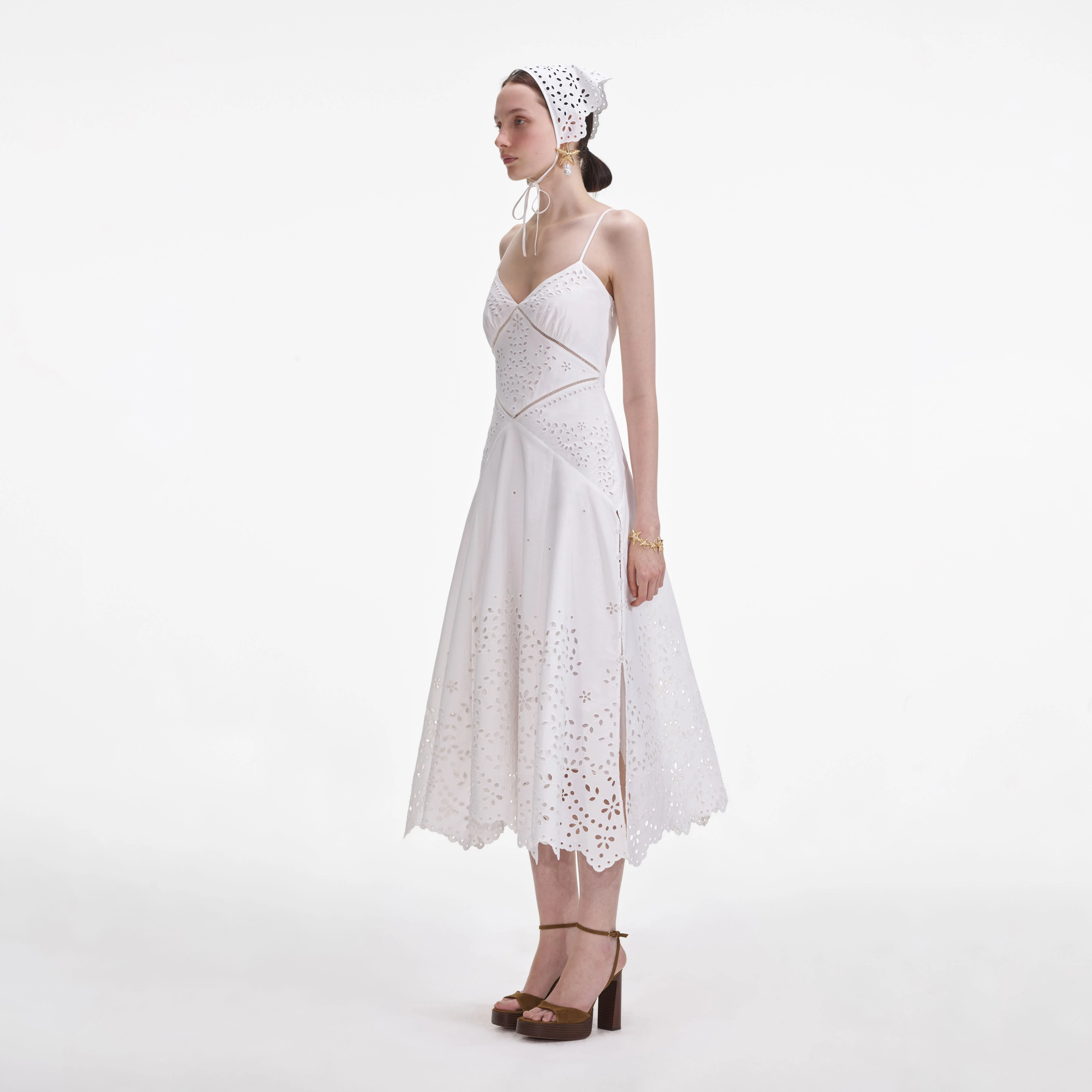 White Cotton Embroidered Strappy Midi Dress - Image 2