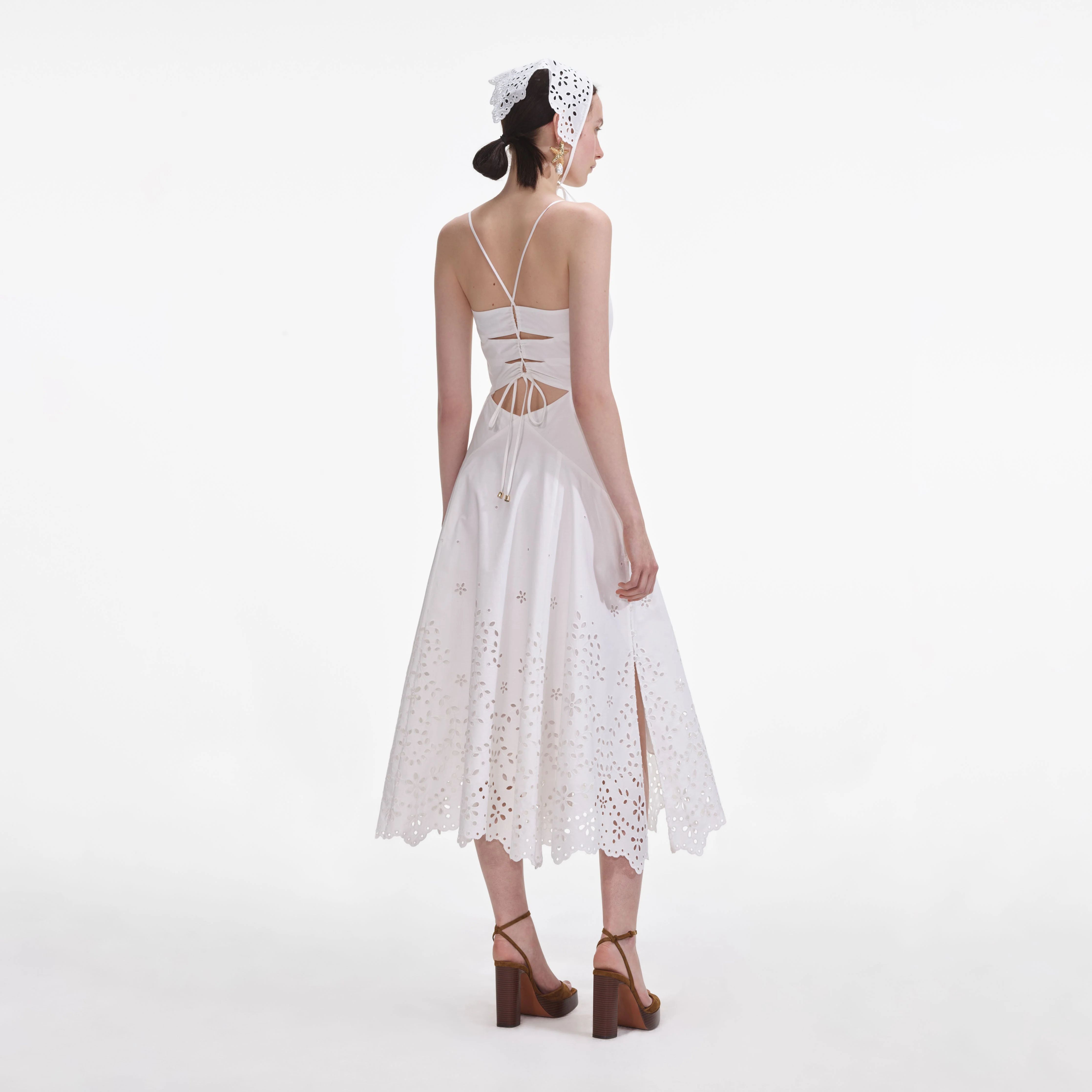 White Cotton Embroidered Strappy Midi Dress - Image 3