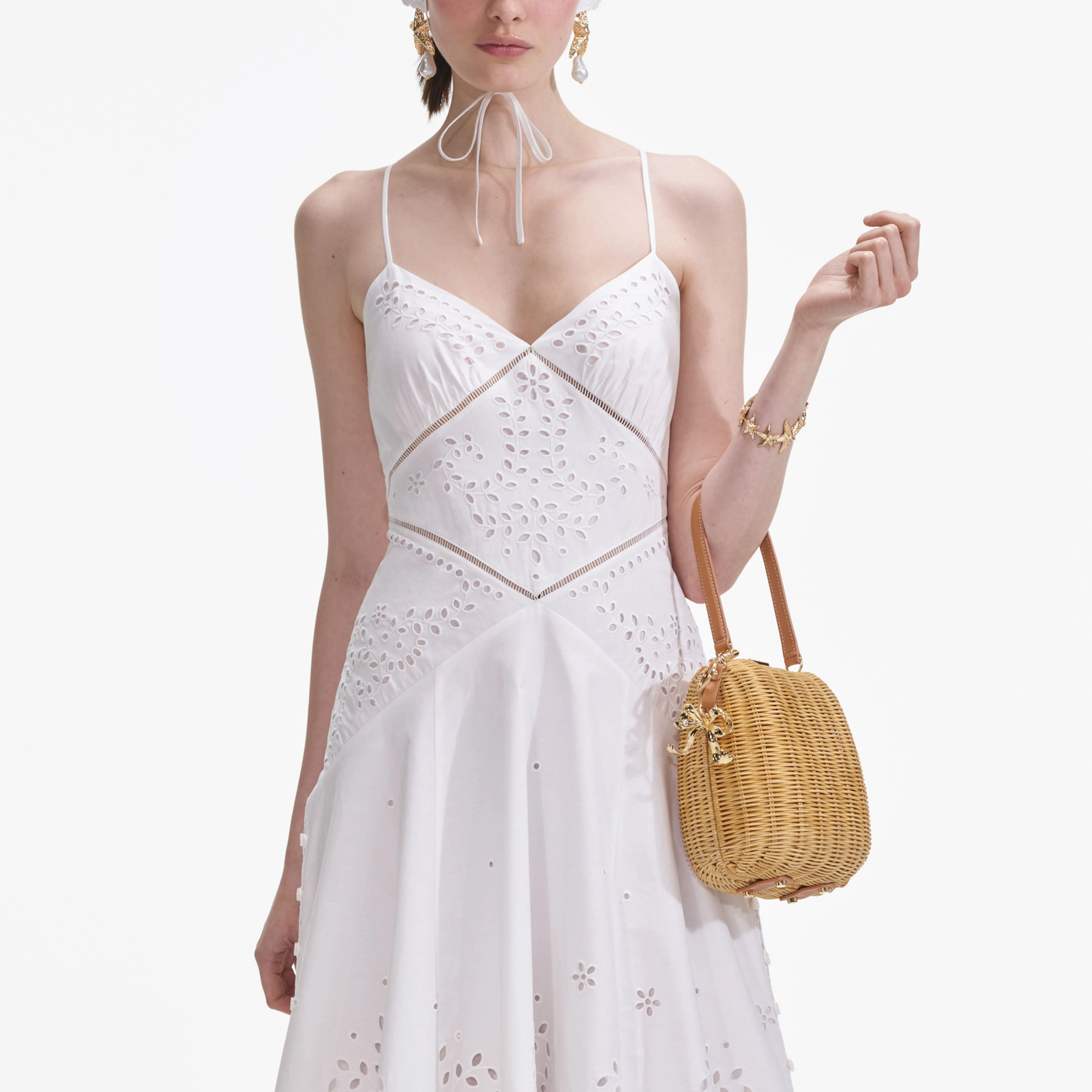 White Cotton Embroidered Strappy Midi Dress - Image 4