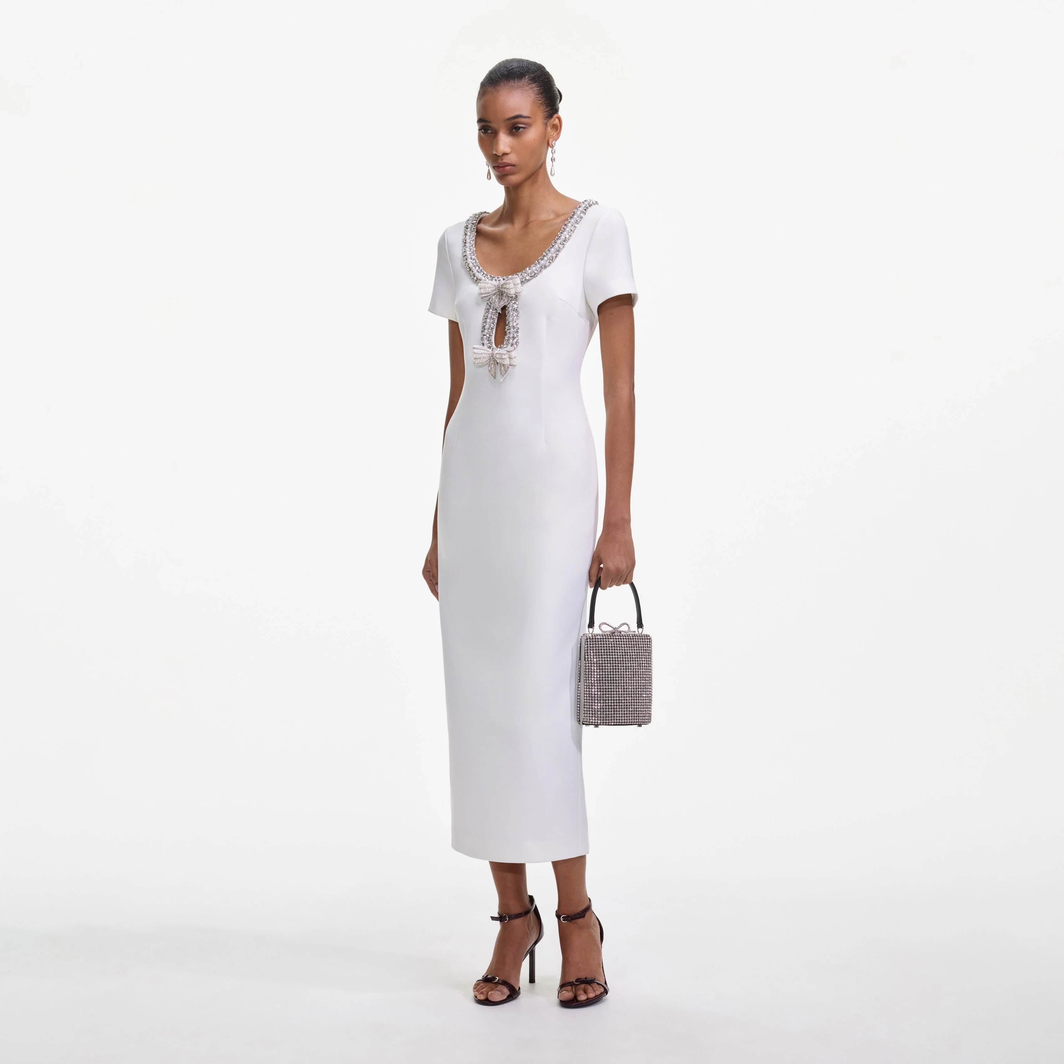 White Crepe Bow Midi Dress - Image 2