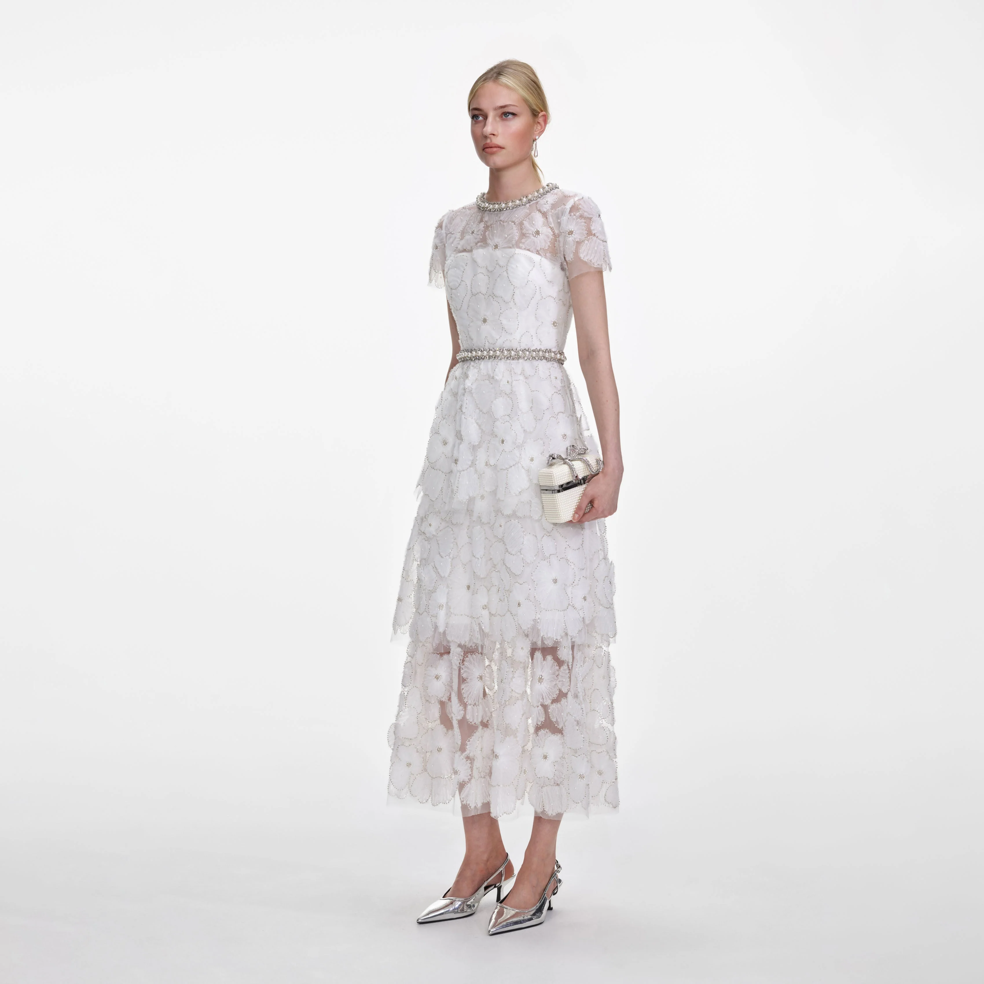 White Embellished Tulle Tiered Midi Dress - Image 2