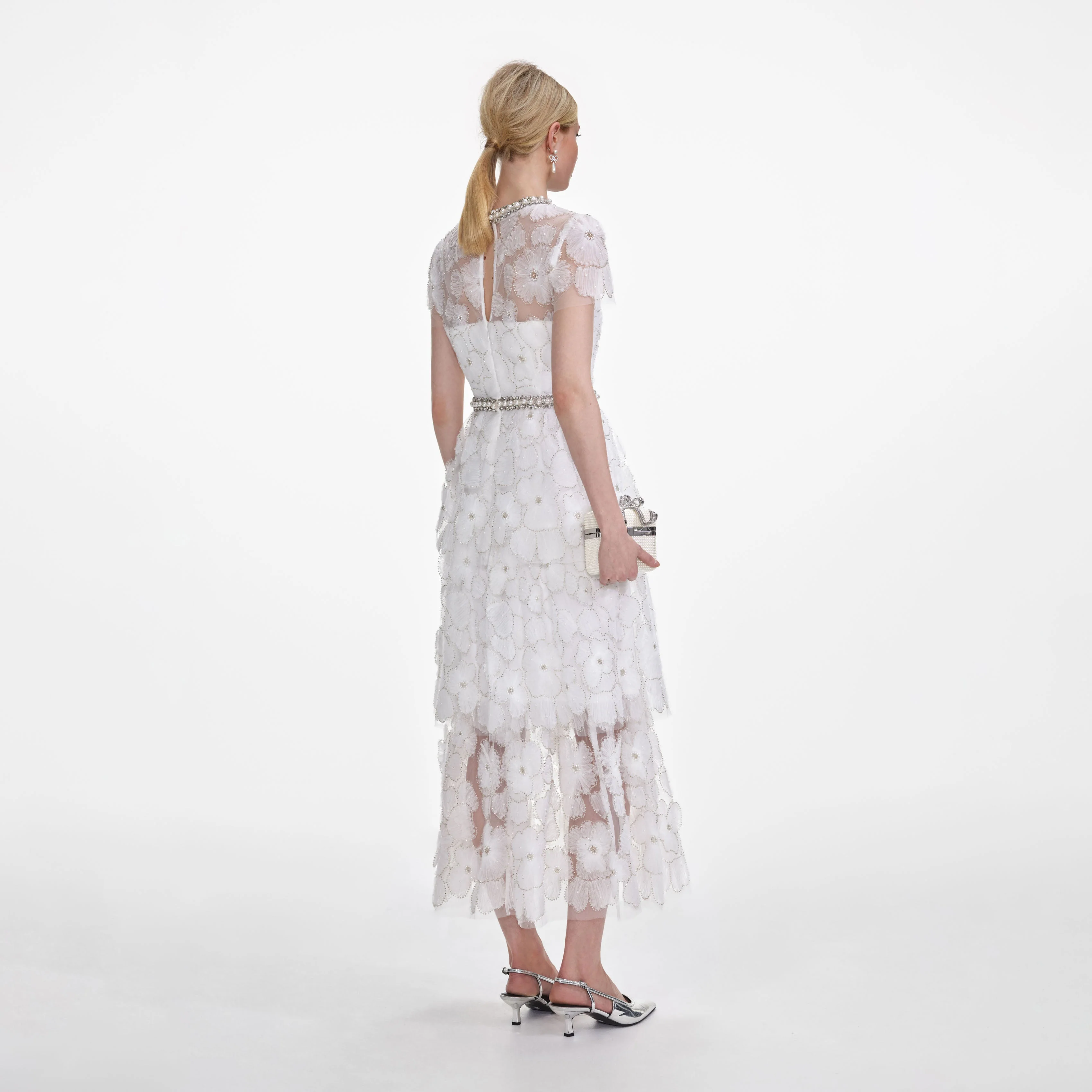 White Embellished Tulle Tiered Midi Dress - Image 3