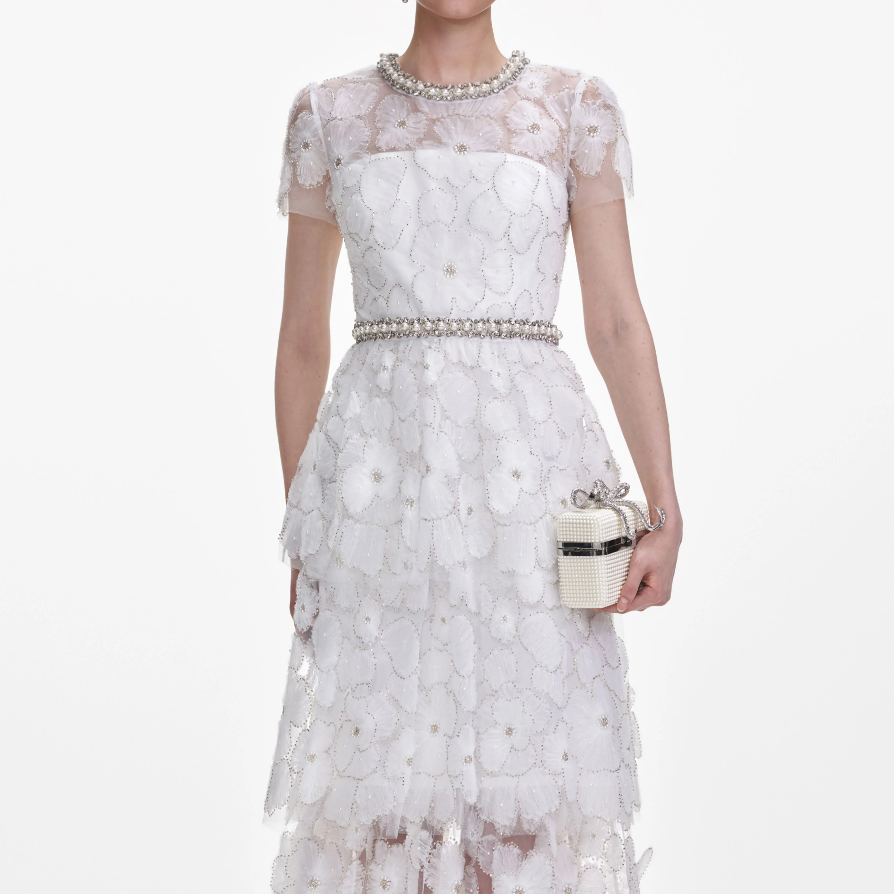 White Embellished Tulle Tiered Midi Dress - Image 4