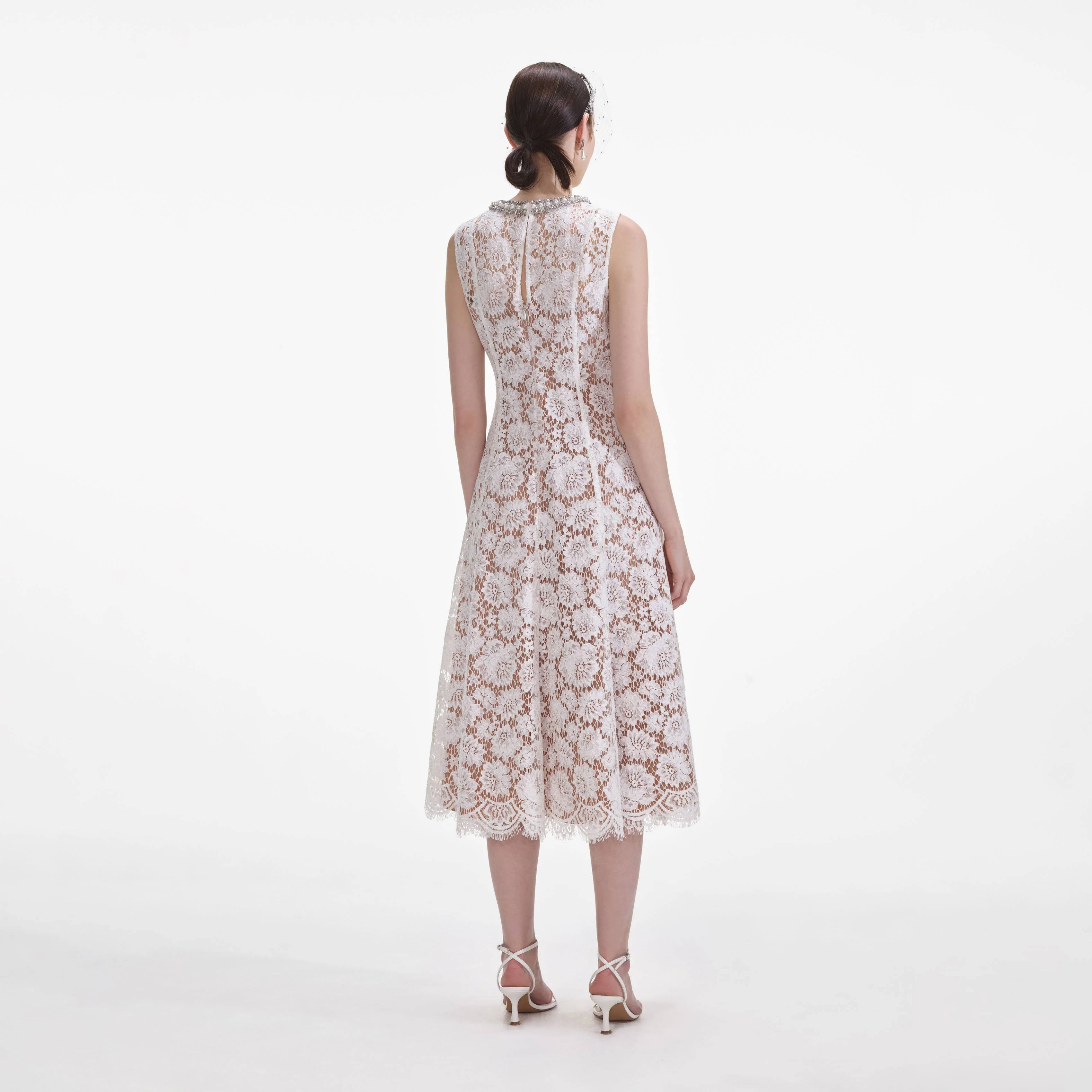 White Fine Lace Pearl Midi Dress - Image 3