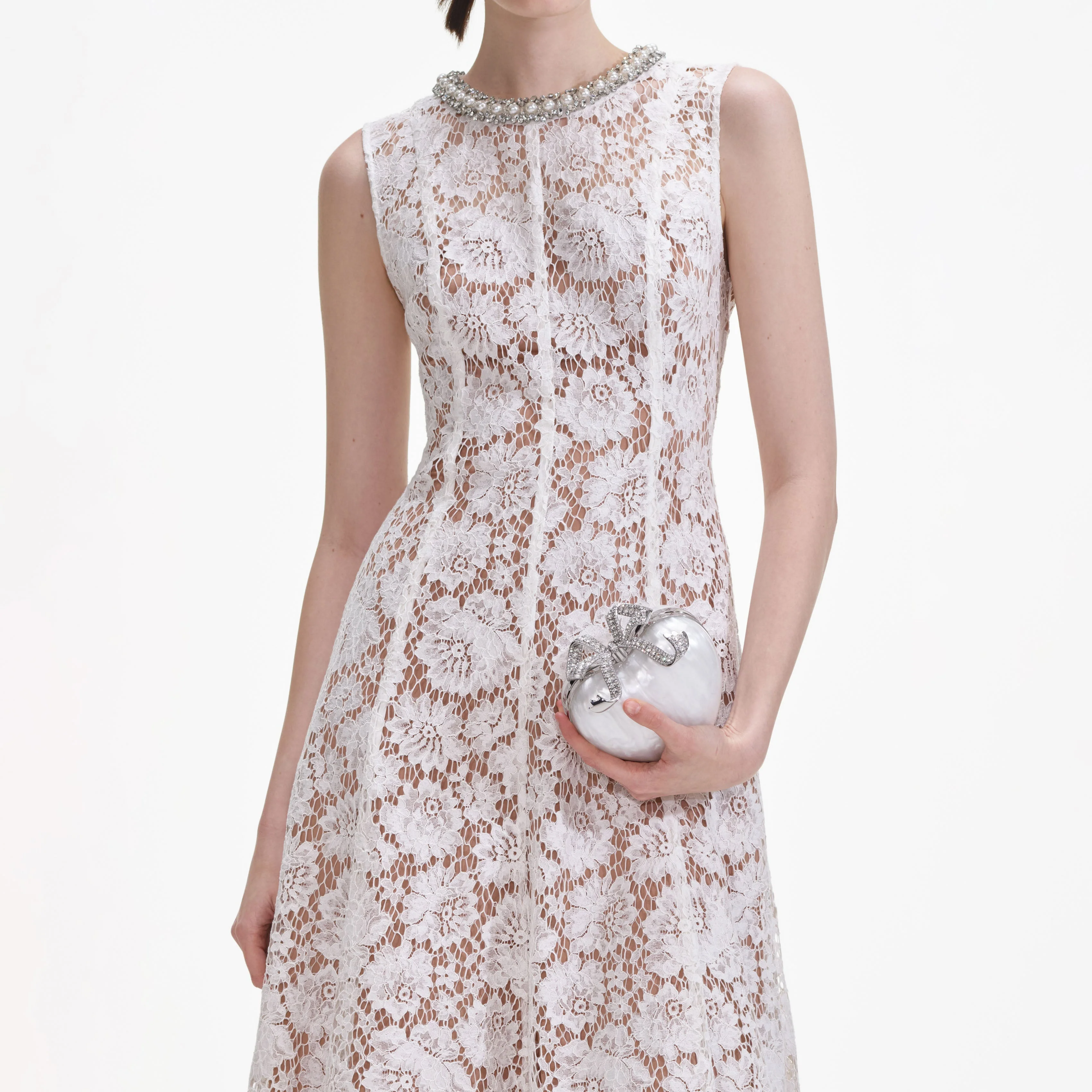 White Fine Lace Pearl Midi Dress - Image 4