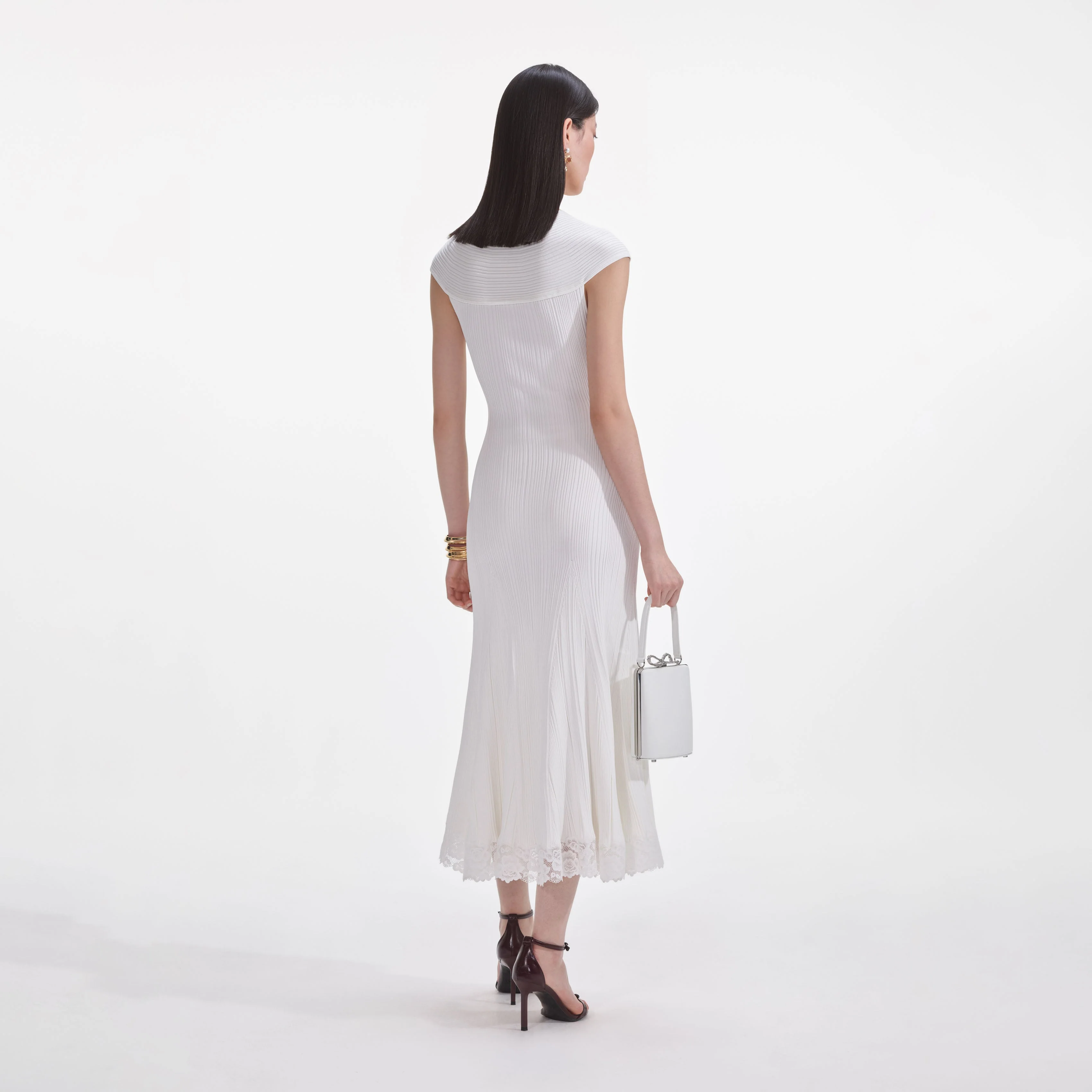 White Knit Lace Insert Midi Dress - Image 3