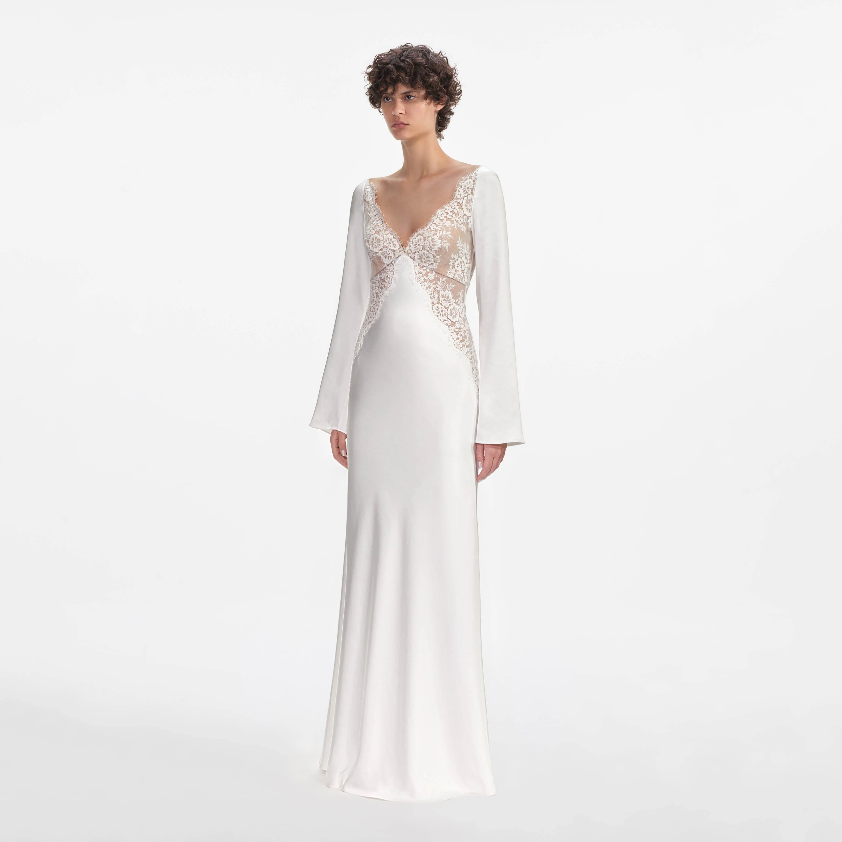 White Lace Satin Long Sleeve Maxi Dress - Image 2