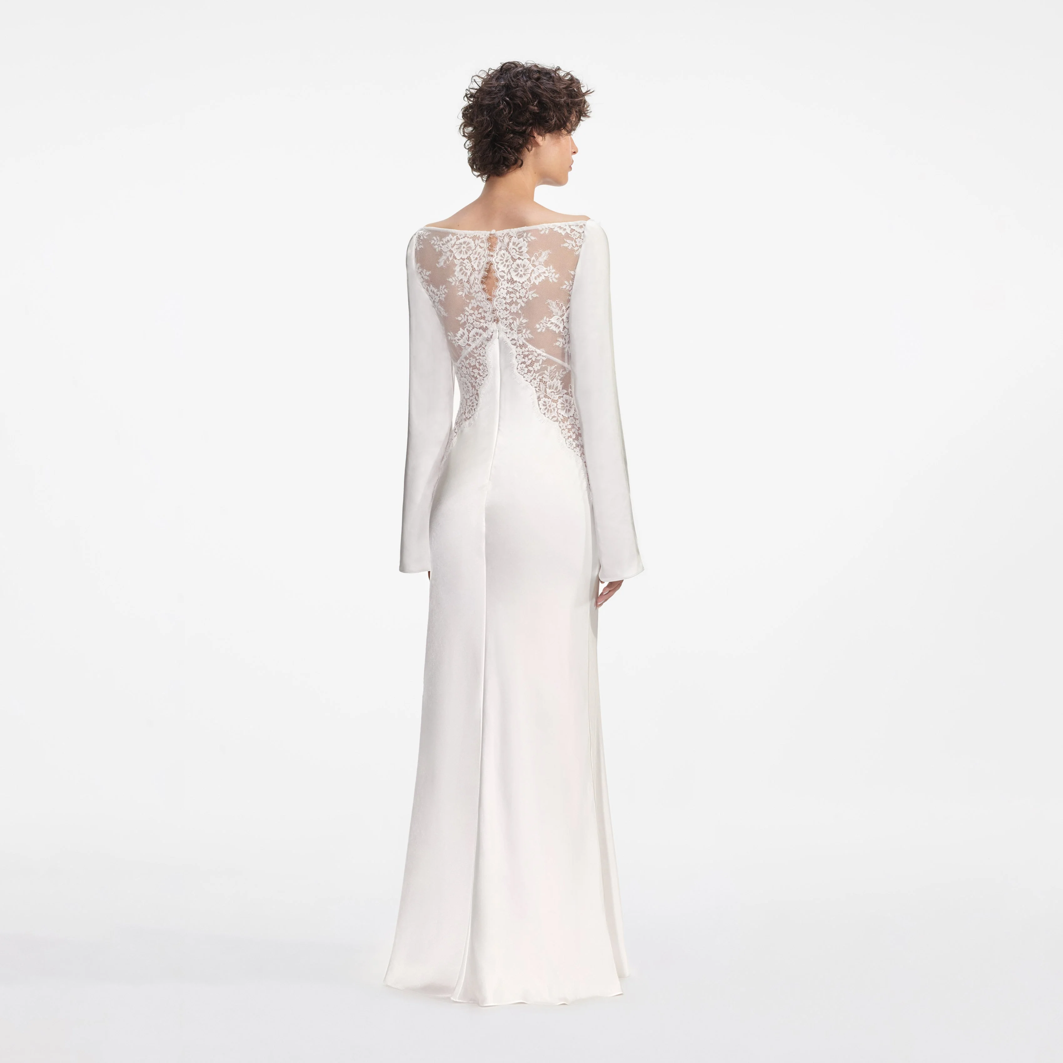 White Lace Satin Long Sleeve Maxi Dress - Image 3