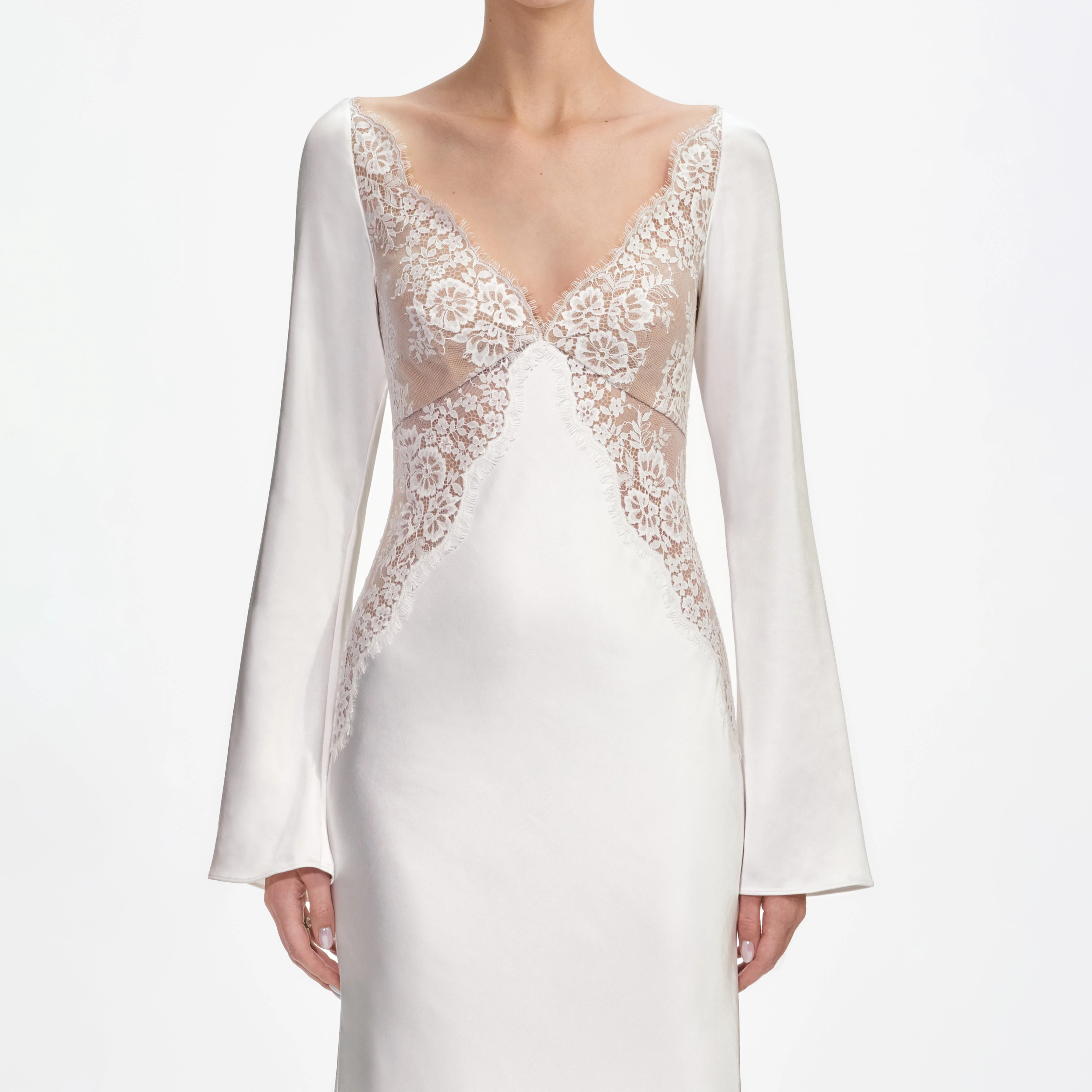 White Lace Satin Long Sleeve Maxi Dress - Image 4