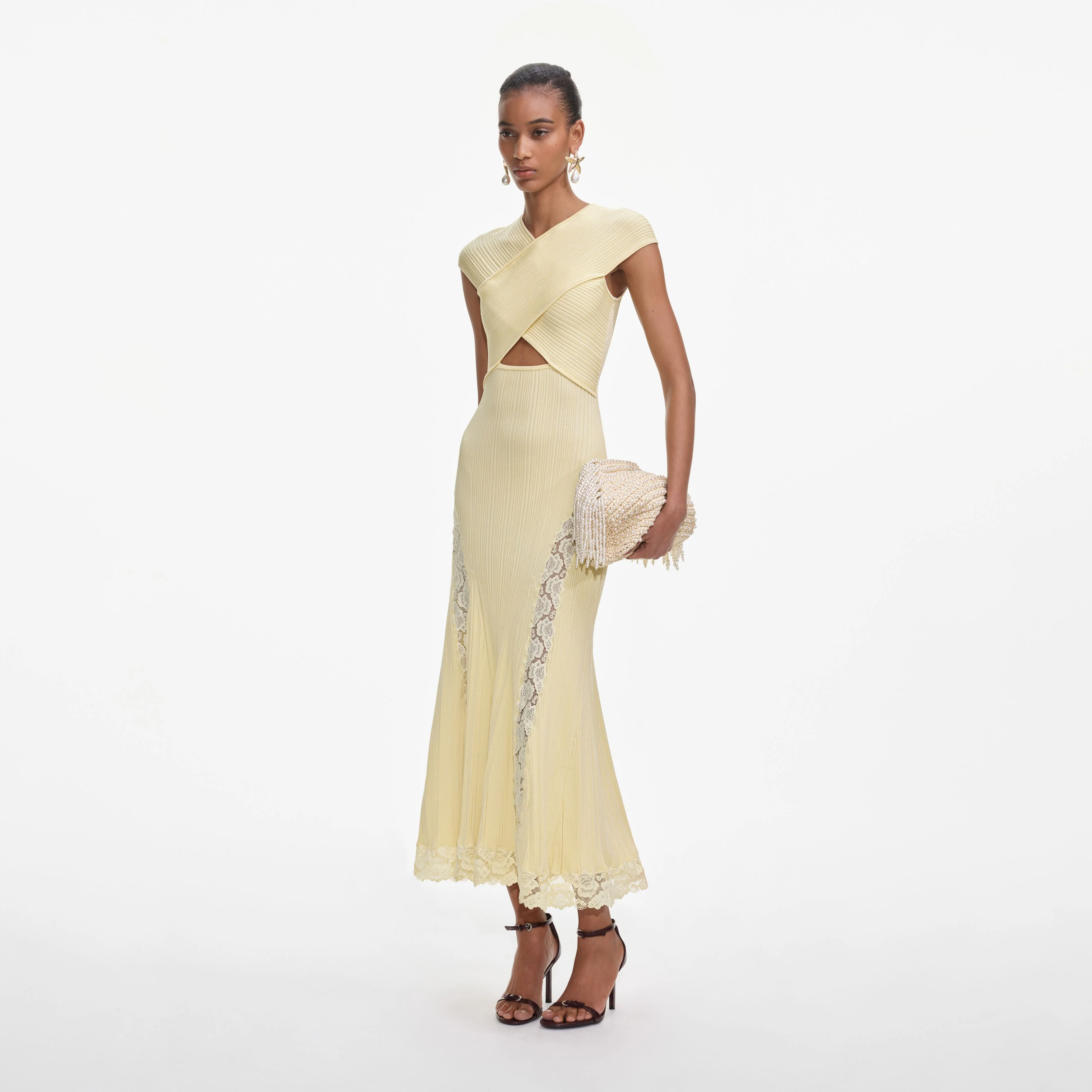 Yellow Knit Lace Insert Midi Dress - Image 2