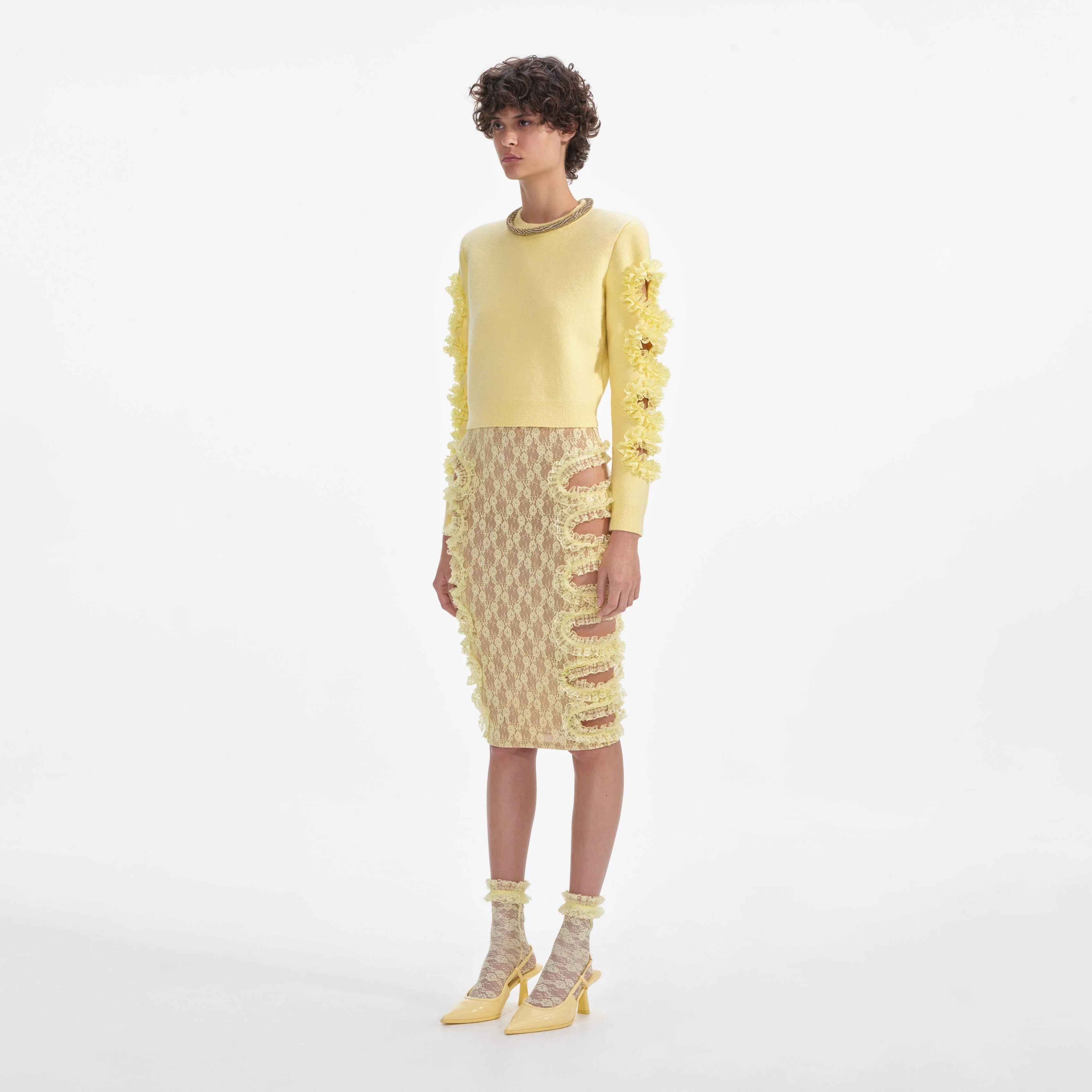 Yellow Lace Cut Out Midi Skirt - Image 2