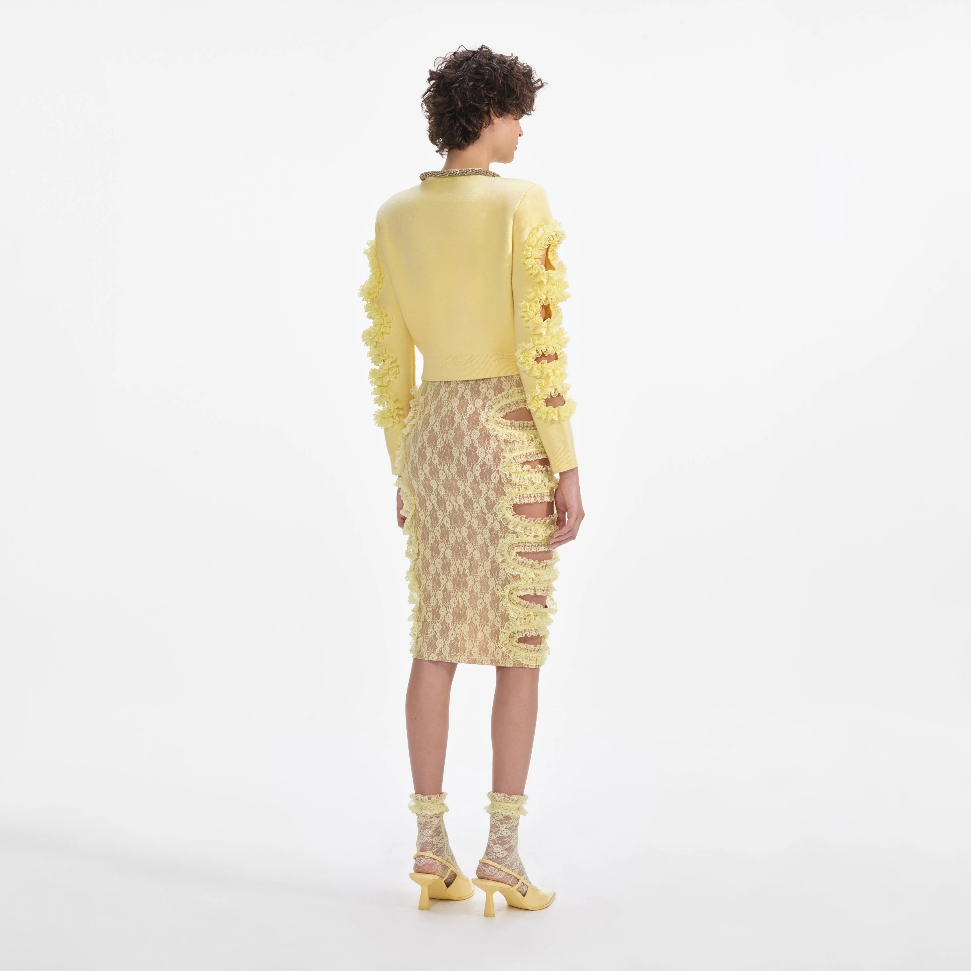 Yellow Lace Cut Out Midi Skirt - Image 3