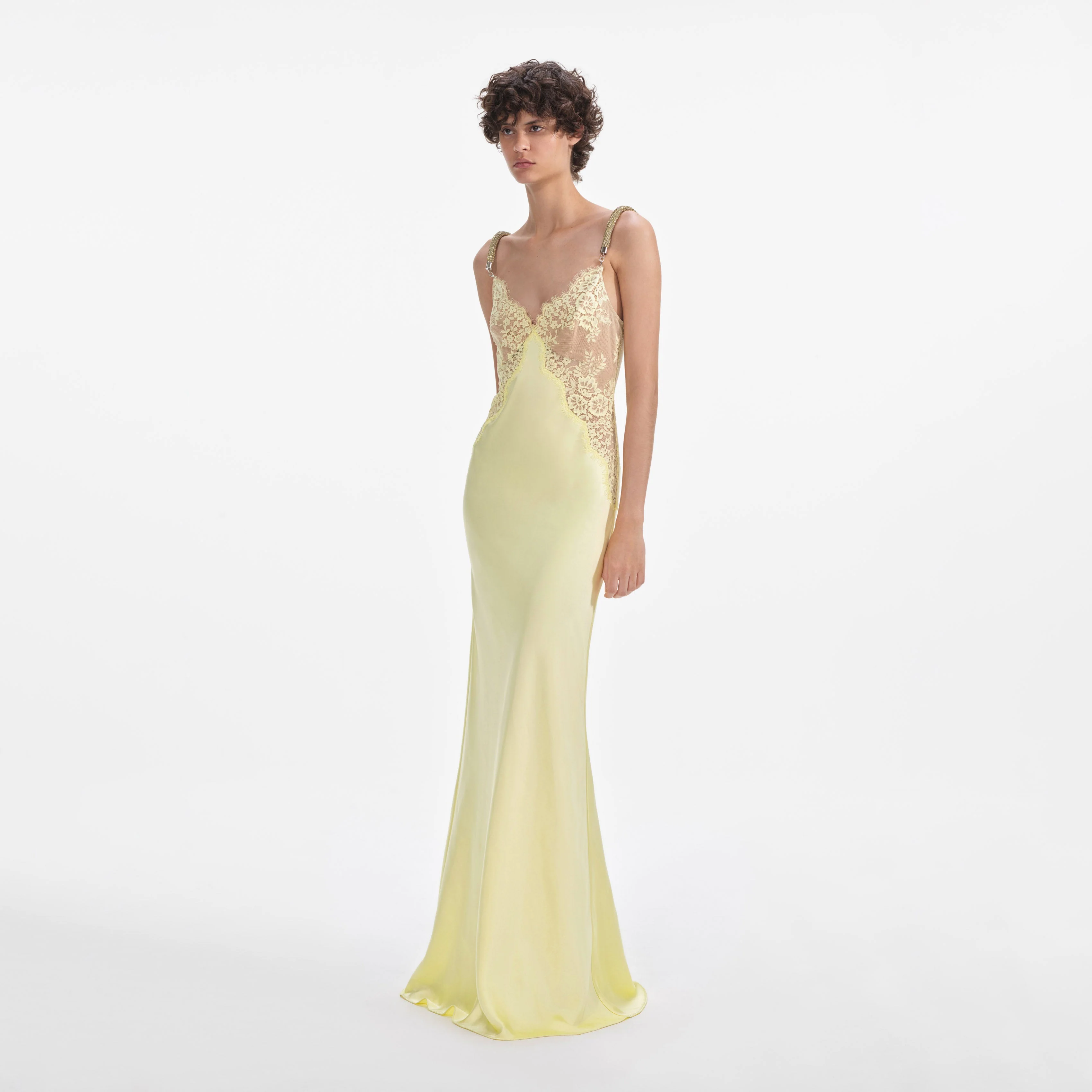 Yellow Lace Satin Maxi Dress - Image 2