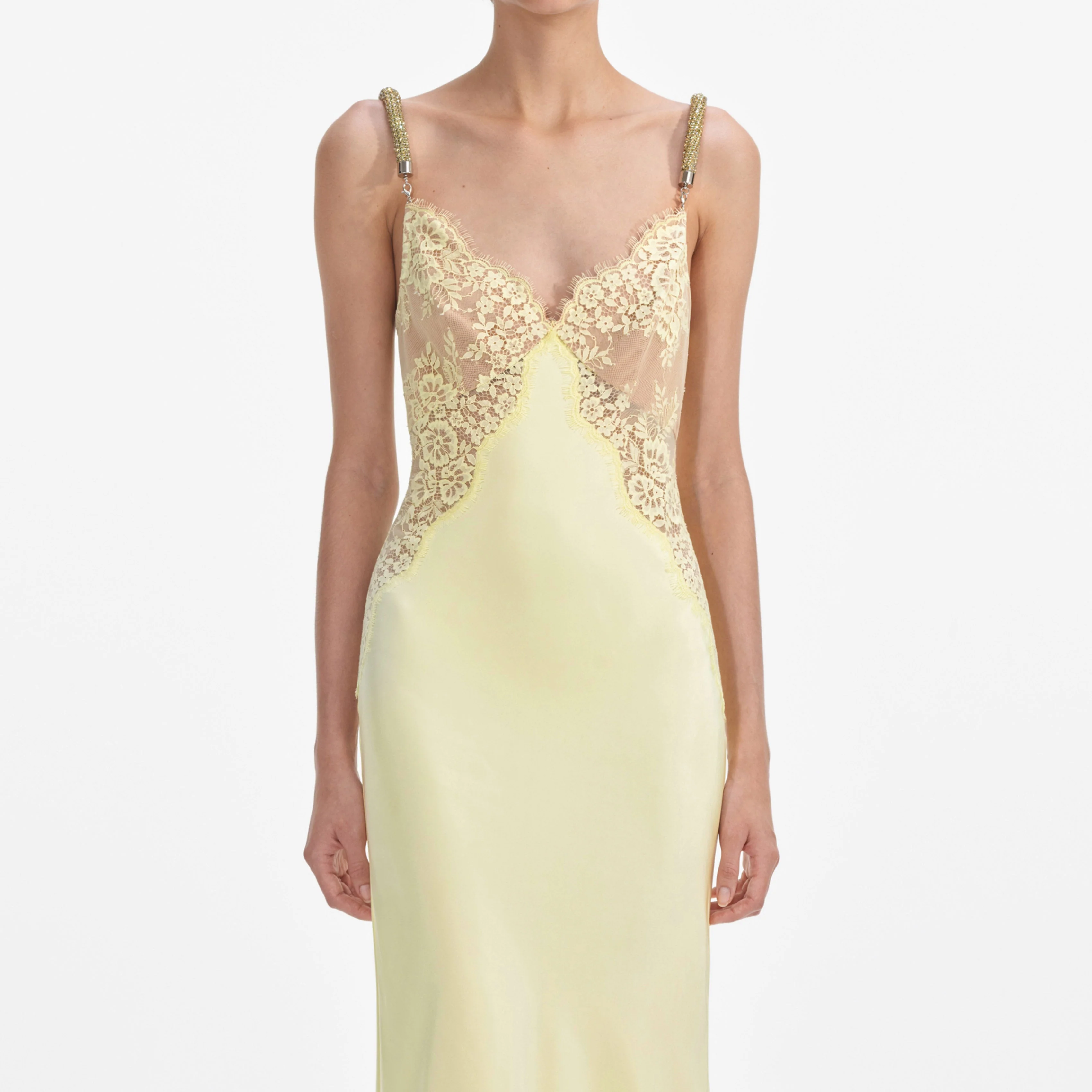 Yellow Lace Satin Maxi Dress - Image 4