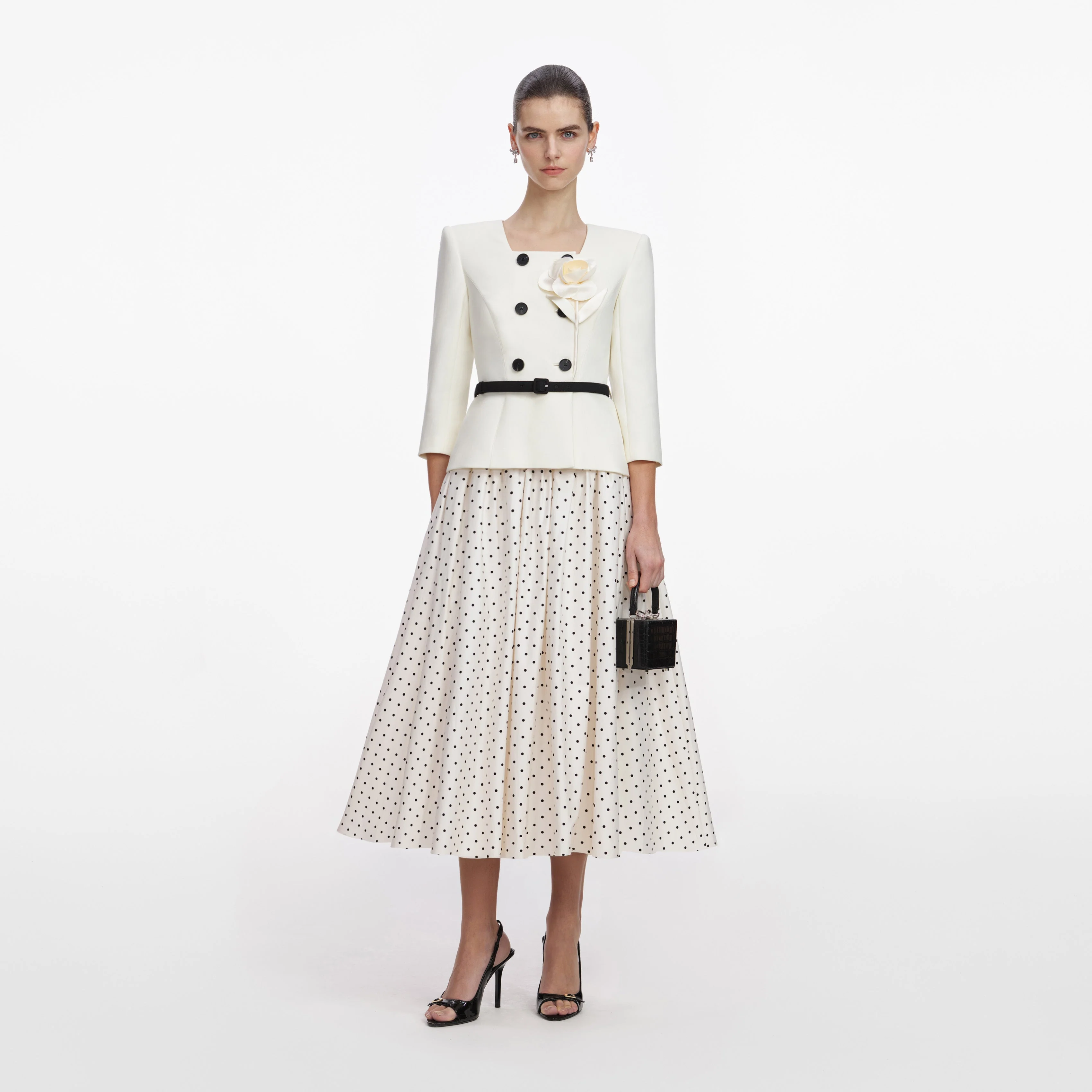 Cream 3D Flower Polka Dot Midi Dress
