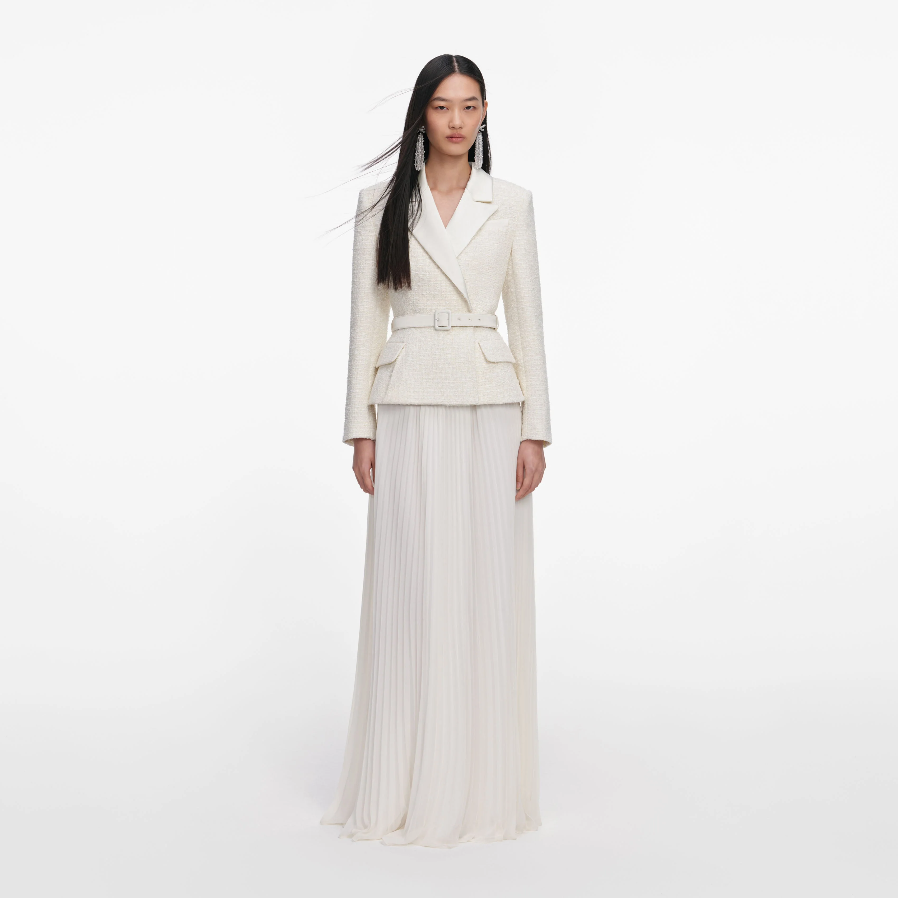 Cream Tailored Boucle Chiffon Maxi Dress