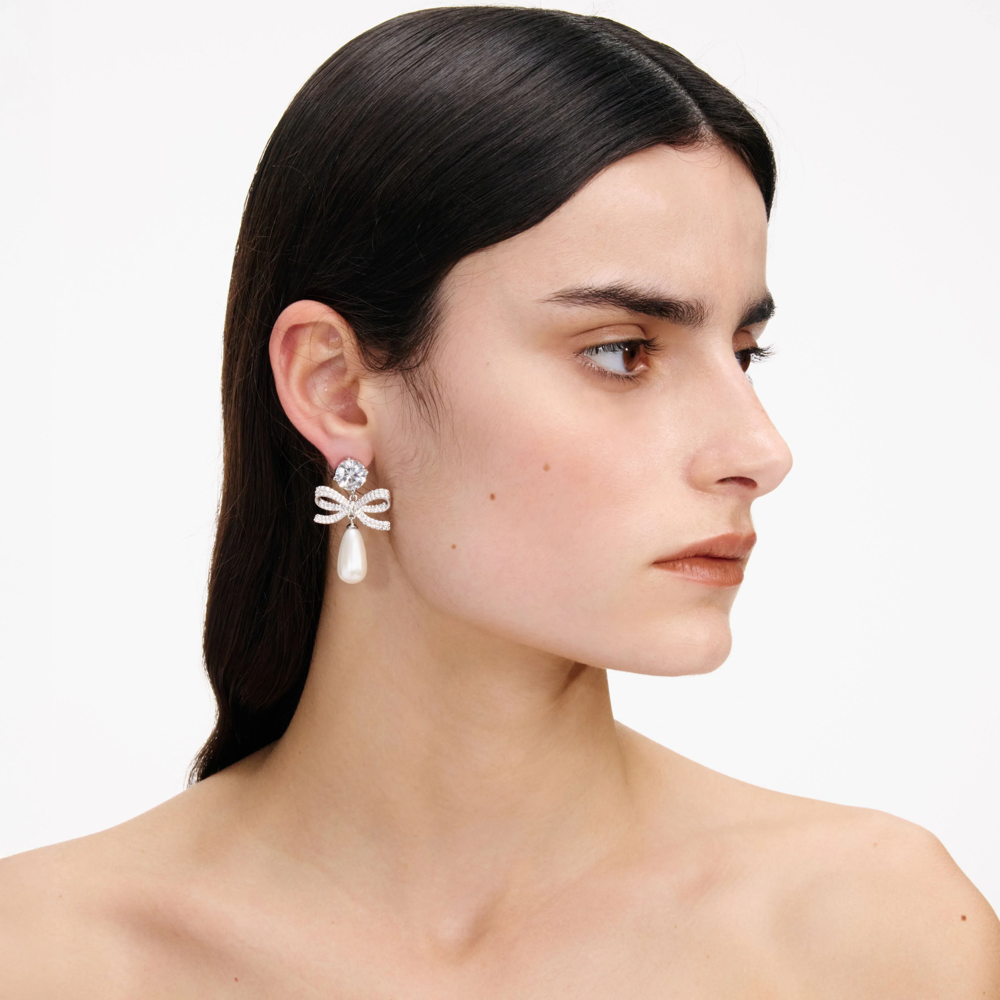 Crystal Bow Pearl Tiered Earrings - Image 4