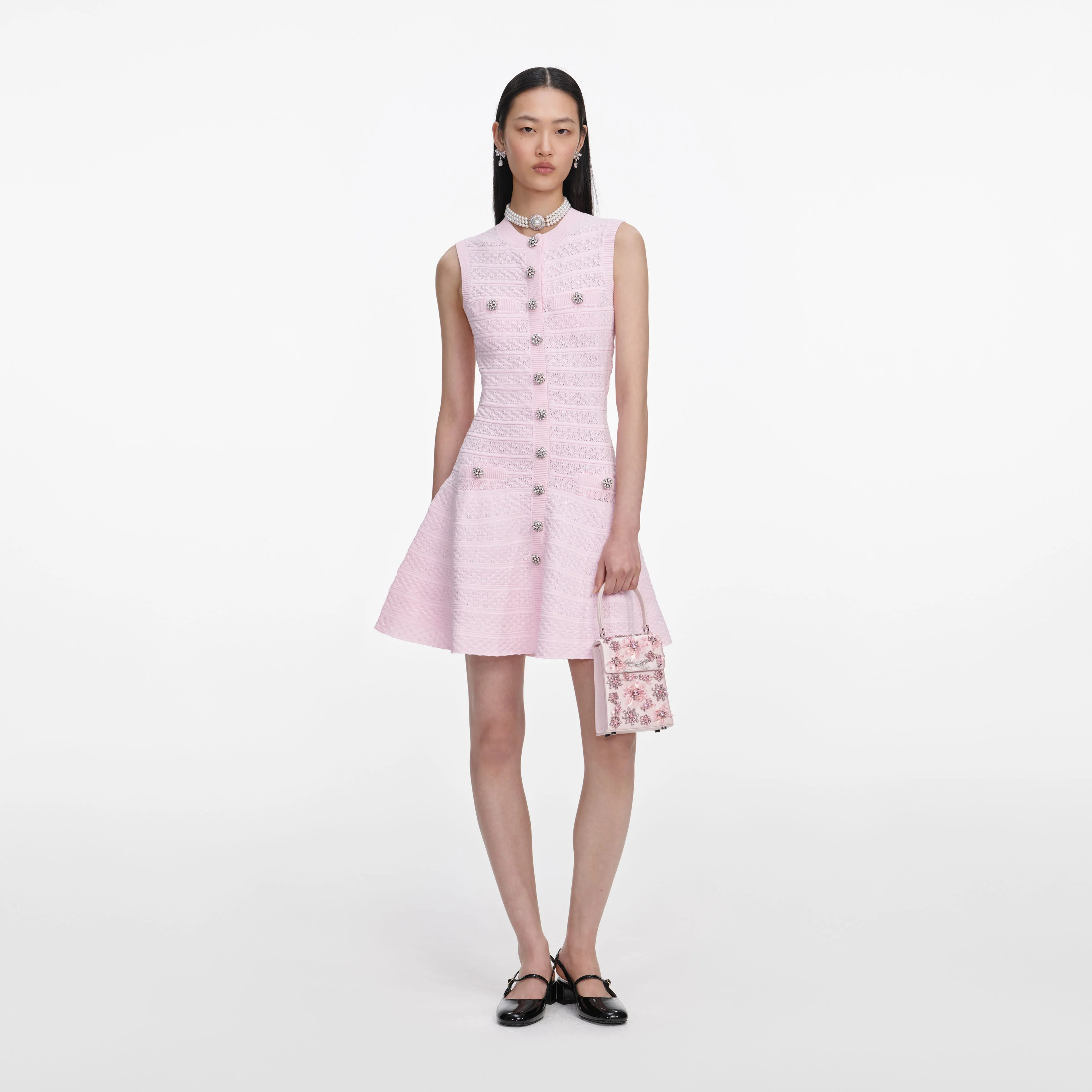 Pink Pointelle Diamante Knit Mini Dress