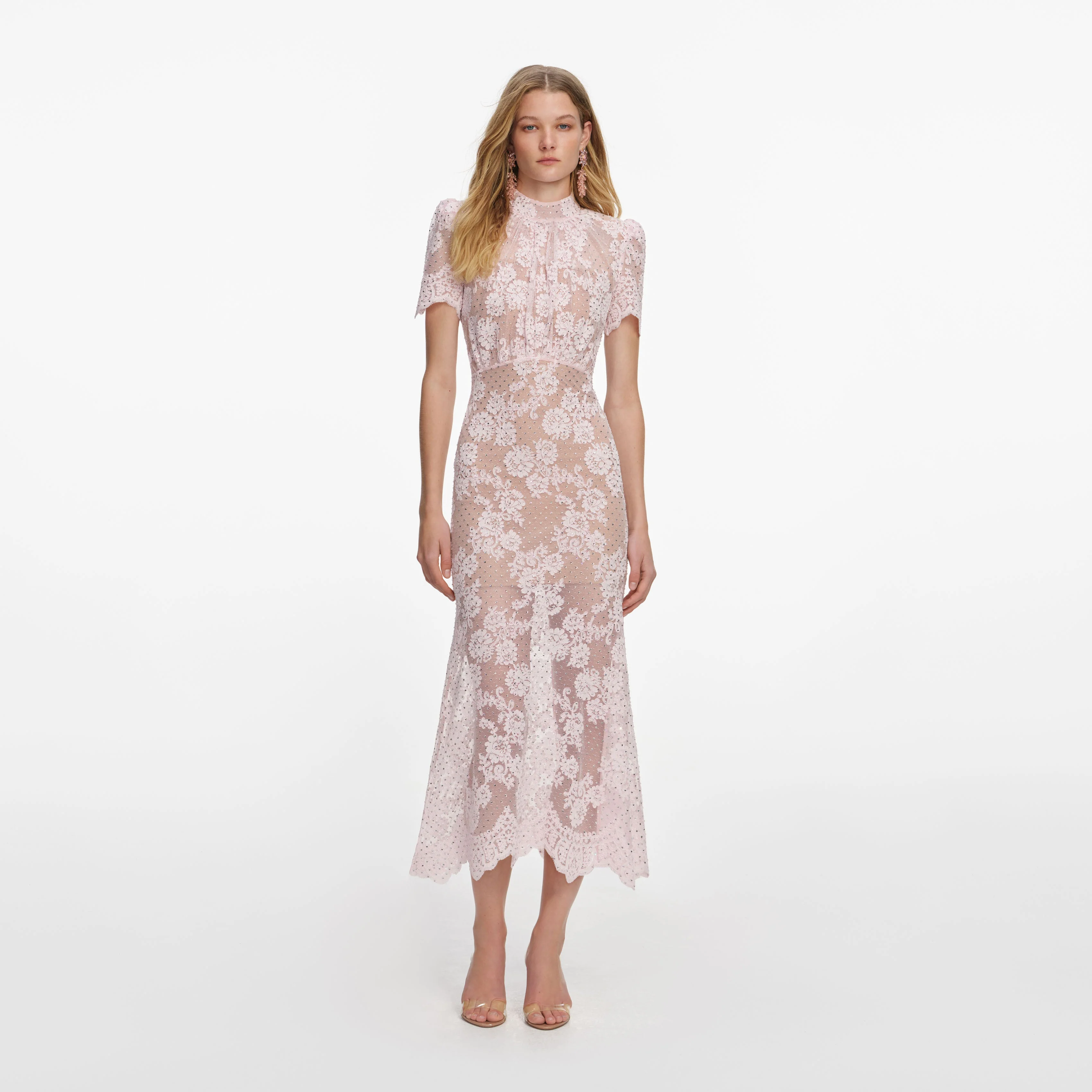 Pink Rhinestone Lace Midi Dress