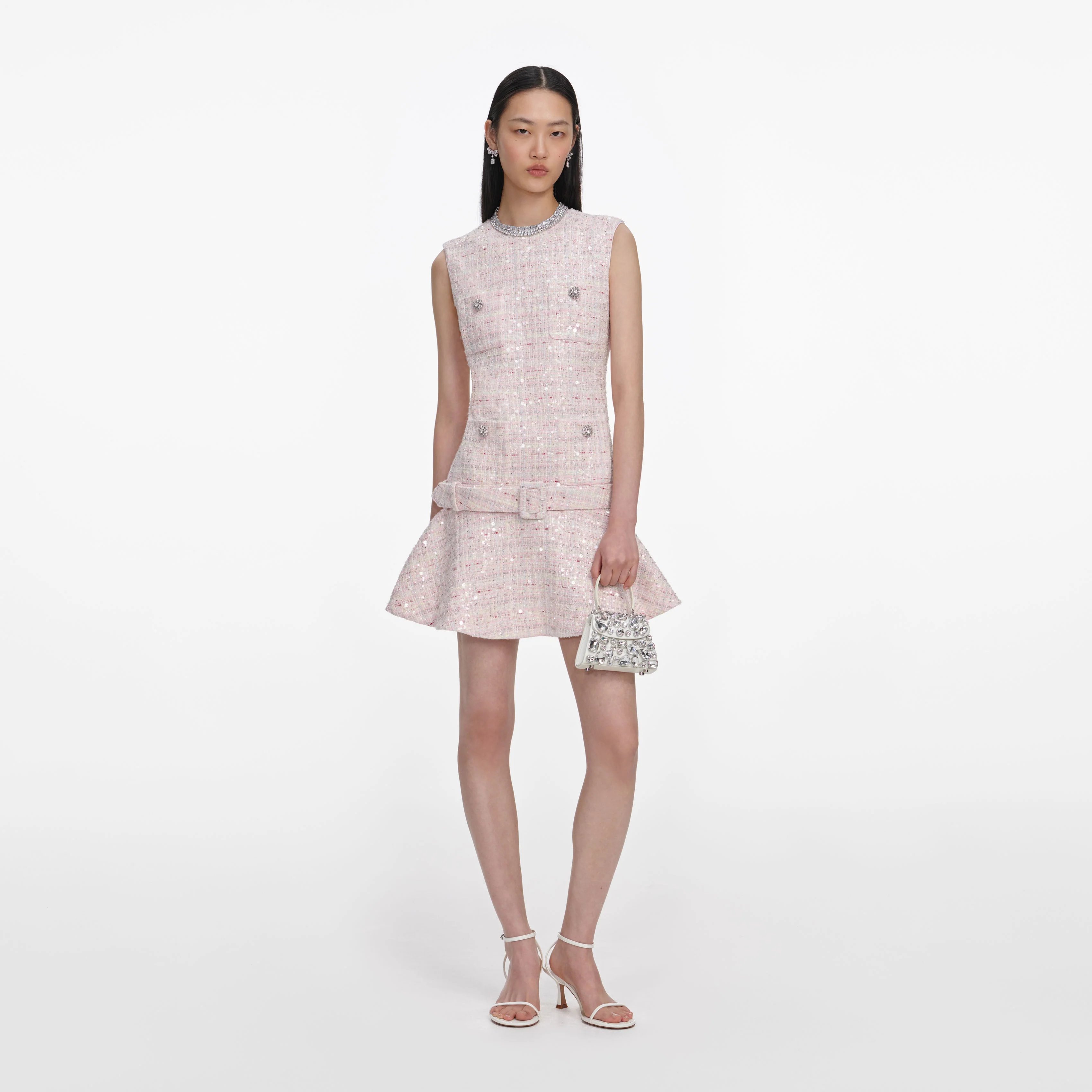 Pink Sequin Boucle Belted Mini Dress
