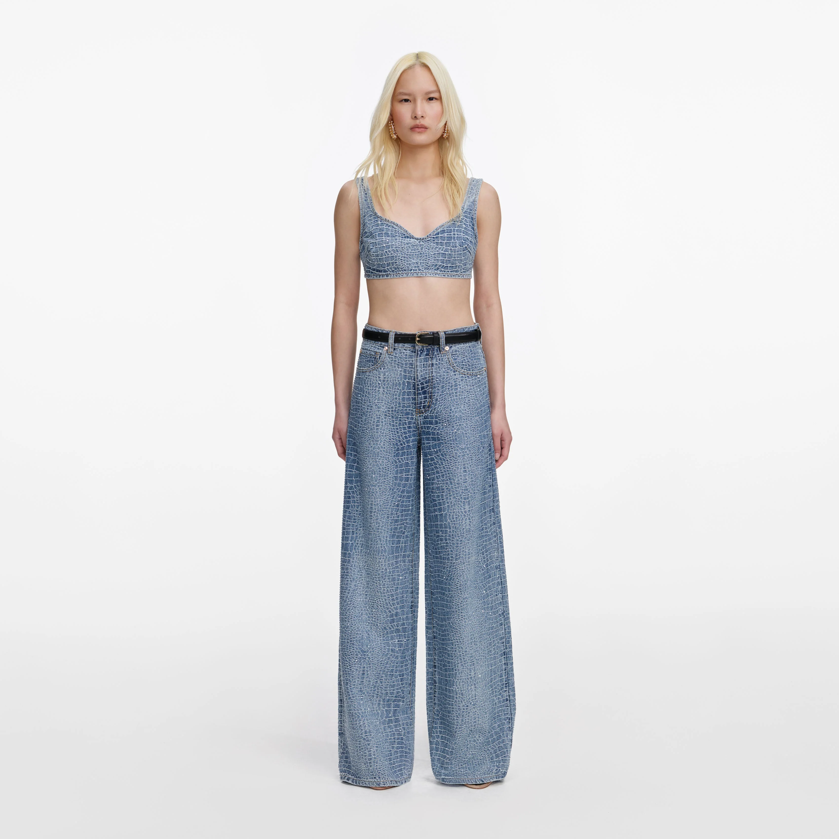 Rhinestone Croc Effect Denim Bralette