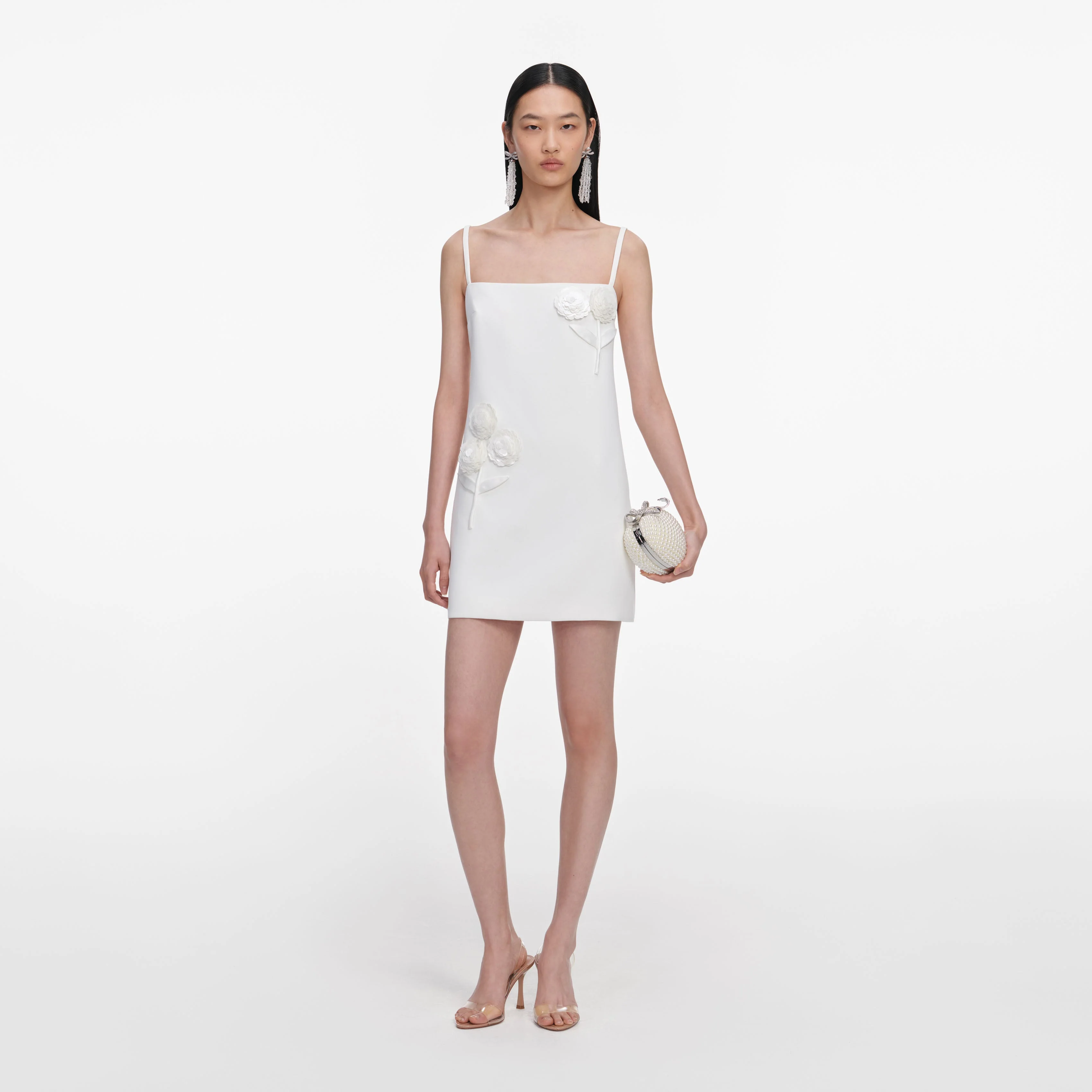 White Crepe 3D Sequin Flower Mini Dress