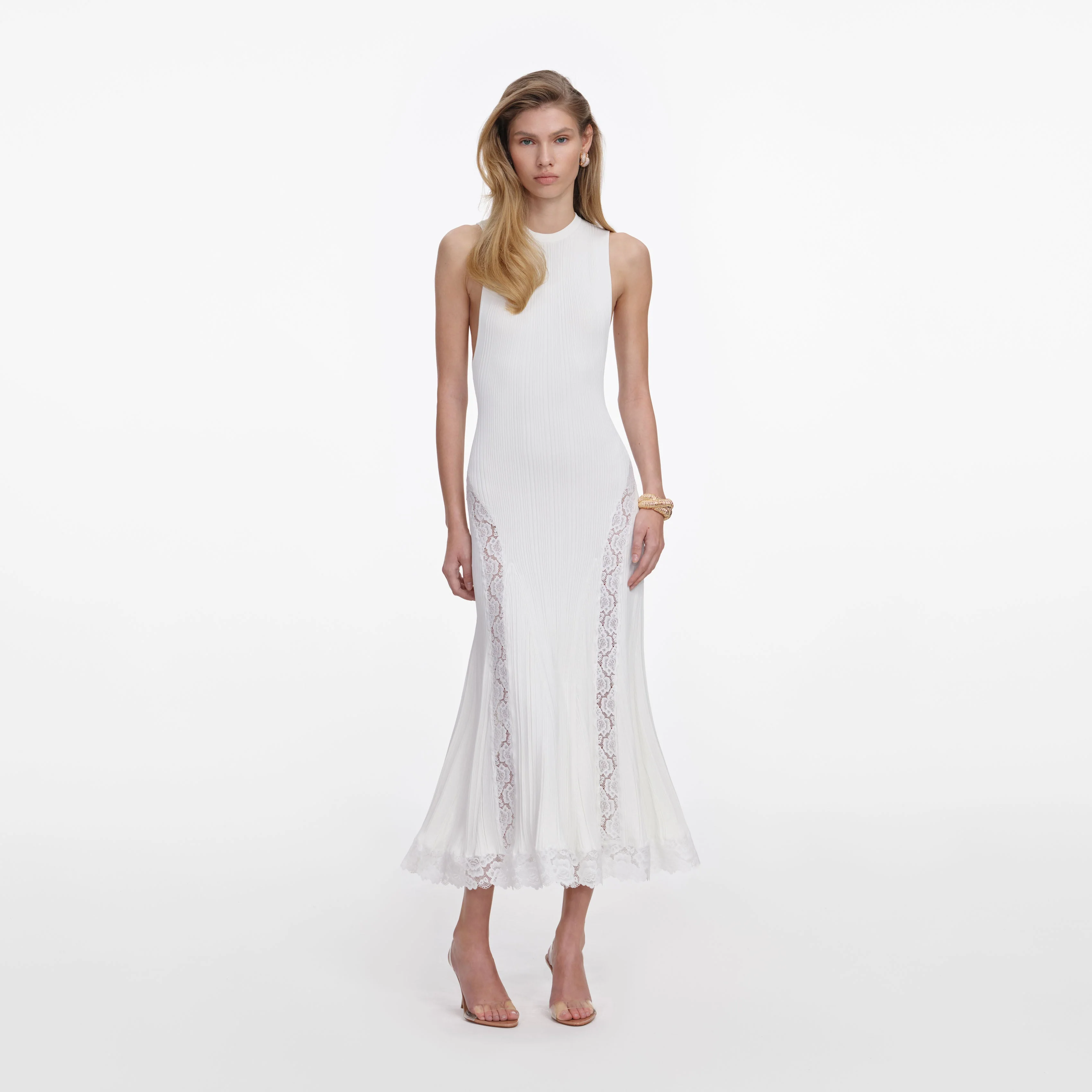 White Knit Lace Insert Midi Dress
