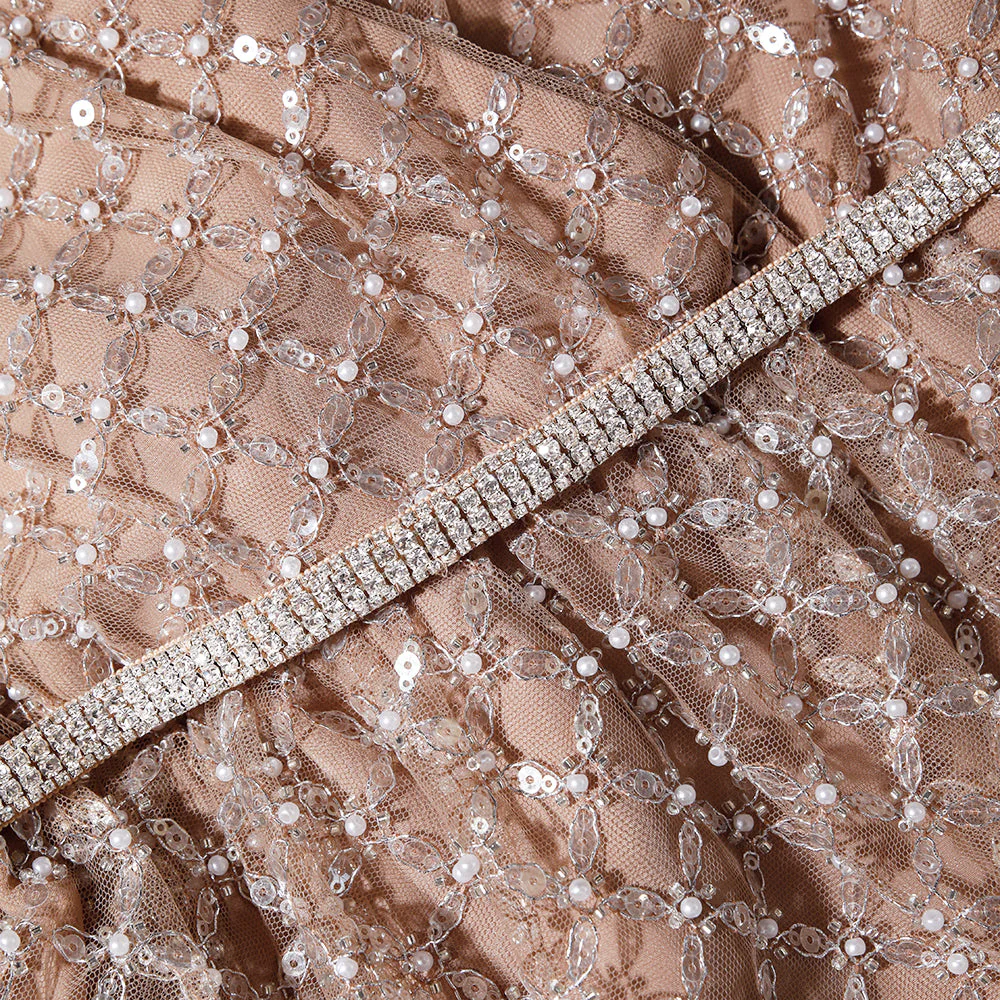 Tan Grid Sequin Tiered Mini Dress - Image 5
