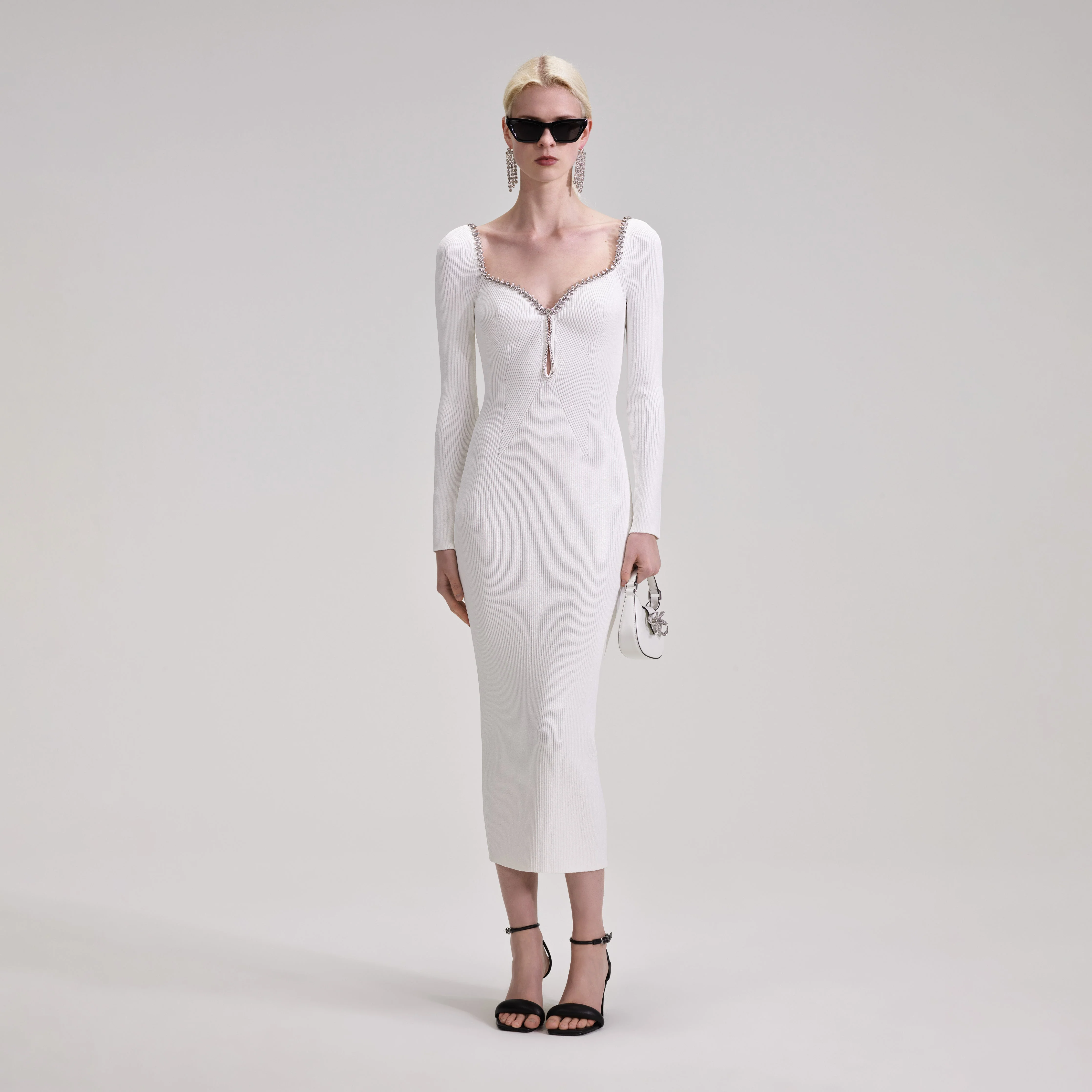 White Knit Diamante Midi Dress